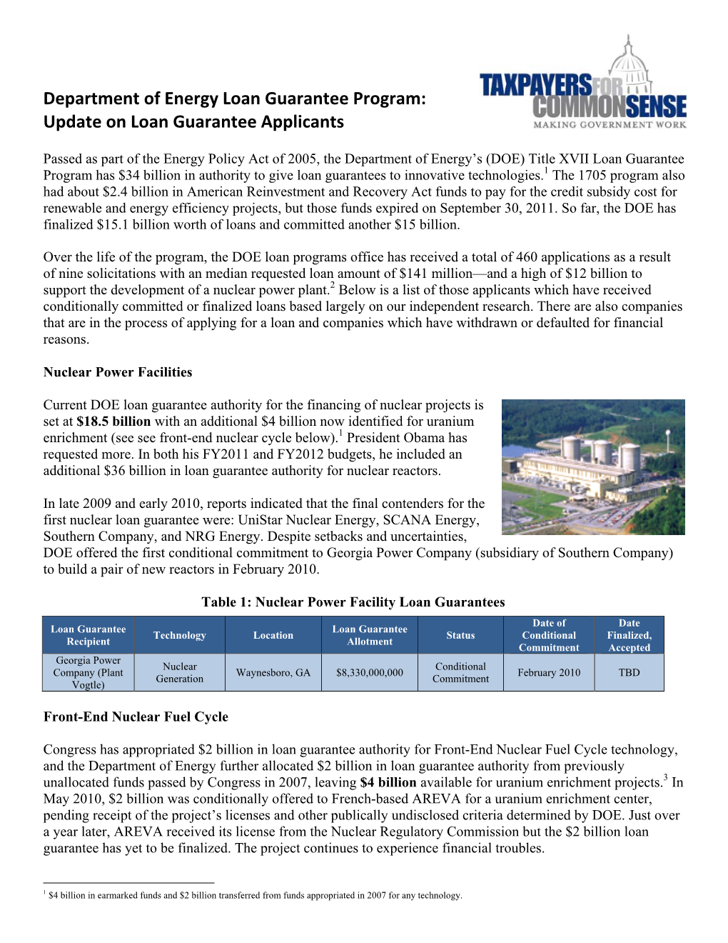 Department of Energy Loan Guarantee Program: Update on Loan Guarantee Applicants