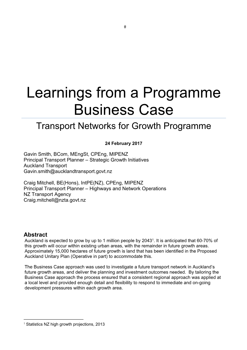 Learnings from a Programme Business Case Transport Networks for Growth Programme