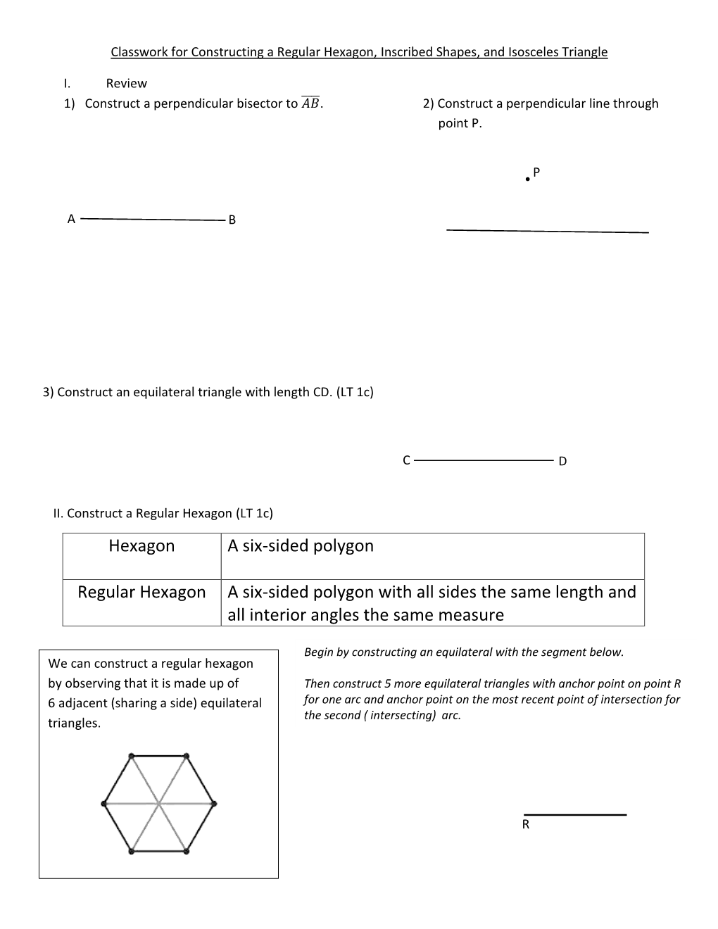 Day 7 Classwork for Constructing a Regular Hexagon