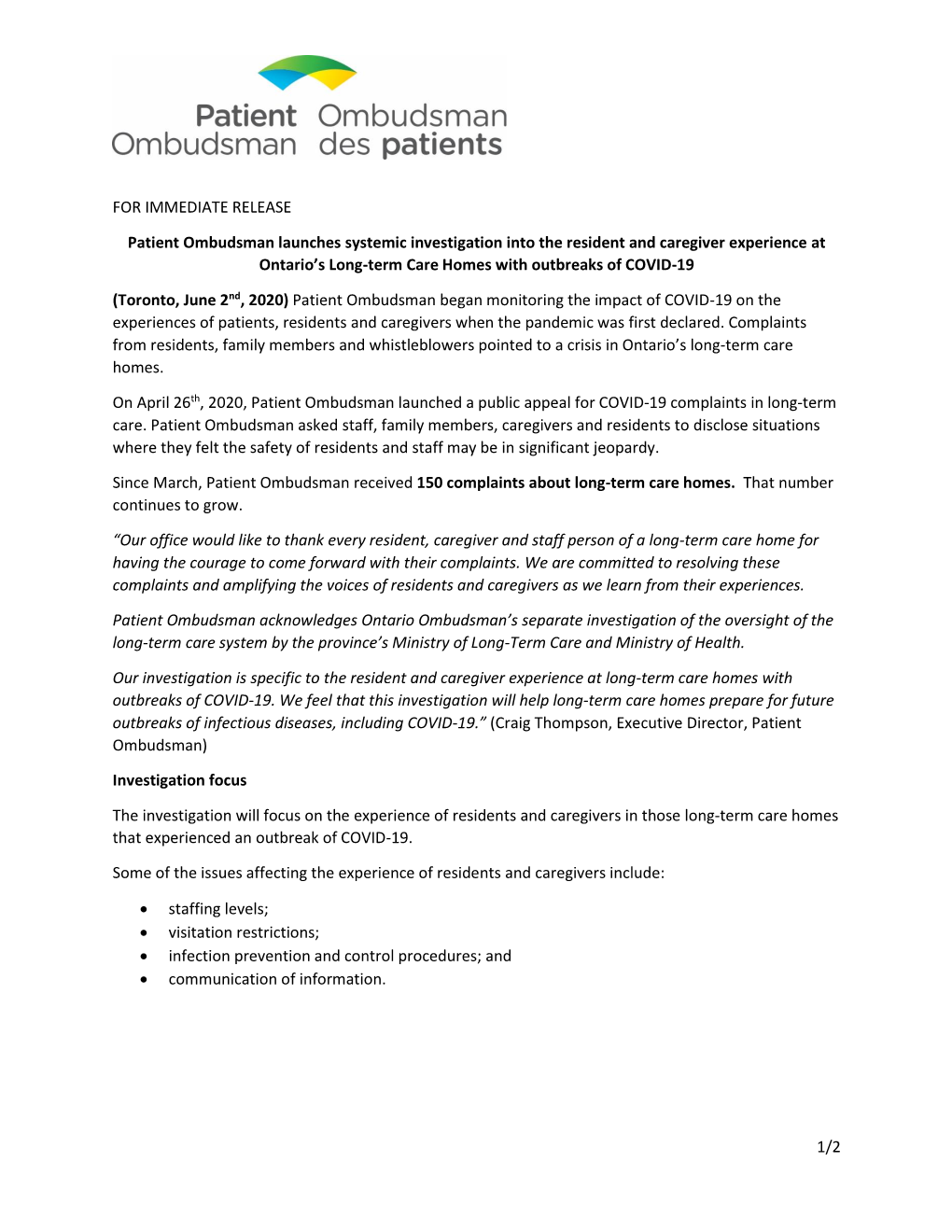 1/2 for IMMEDIATE RELEASE Patient Ombudsman Launches Systemic Investigation Into the Resident and Caregiver Experience at Ontar