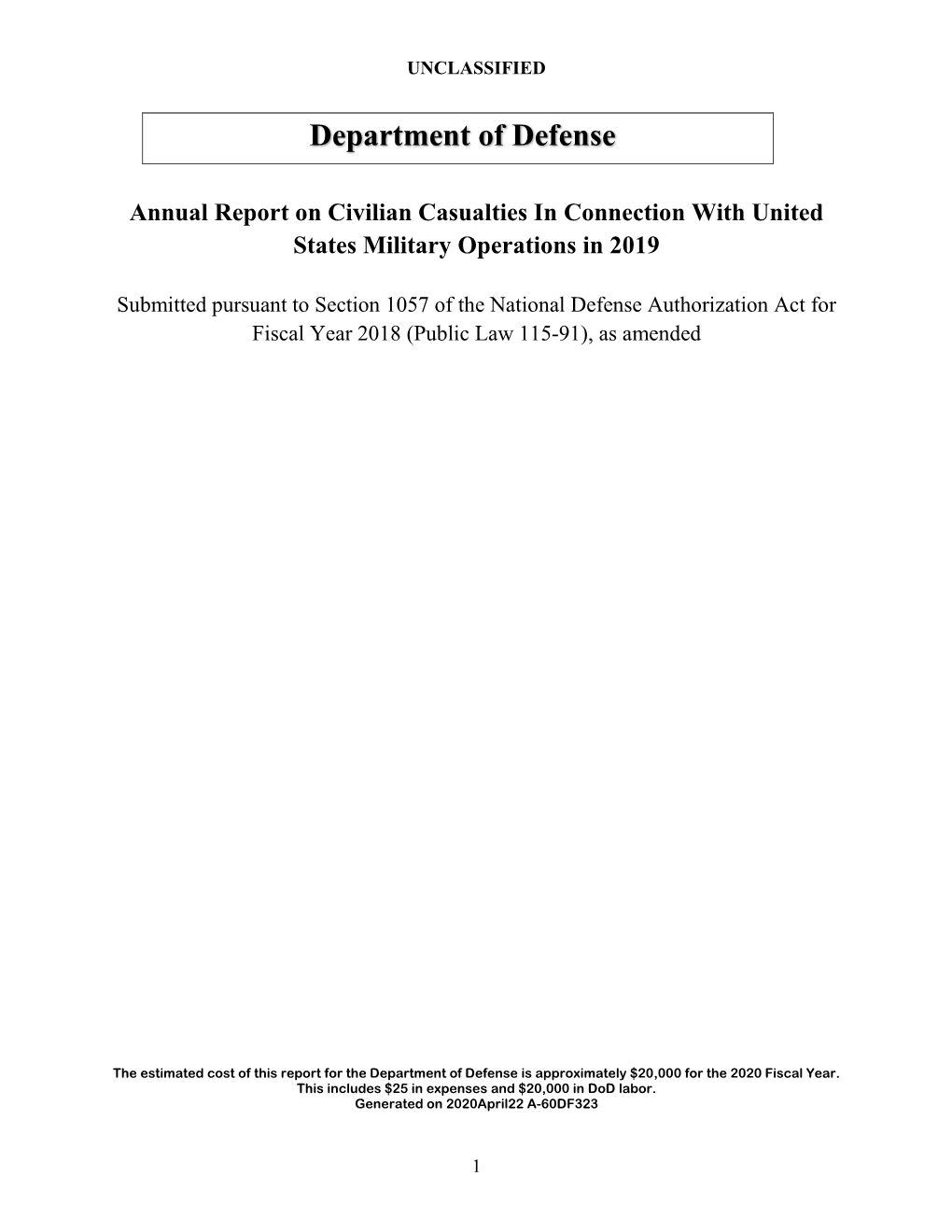 Annual Report on Civilian Casualties in Connection with United States Military Operations in 2019