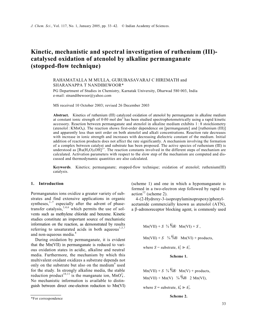 (III)-Catalysed Oxidation of Atenolol by Alkaline Permanganate (Sto