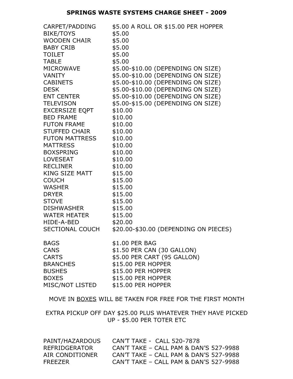 Springs Waste Systems Charge Sheet - 2009