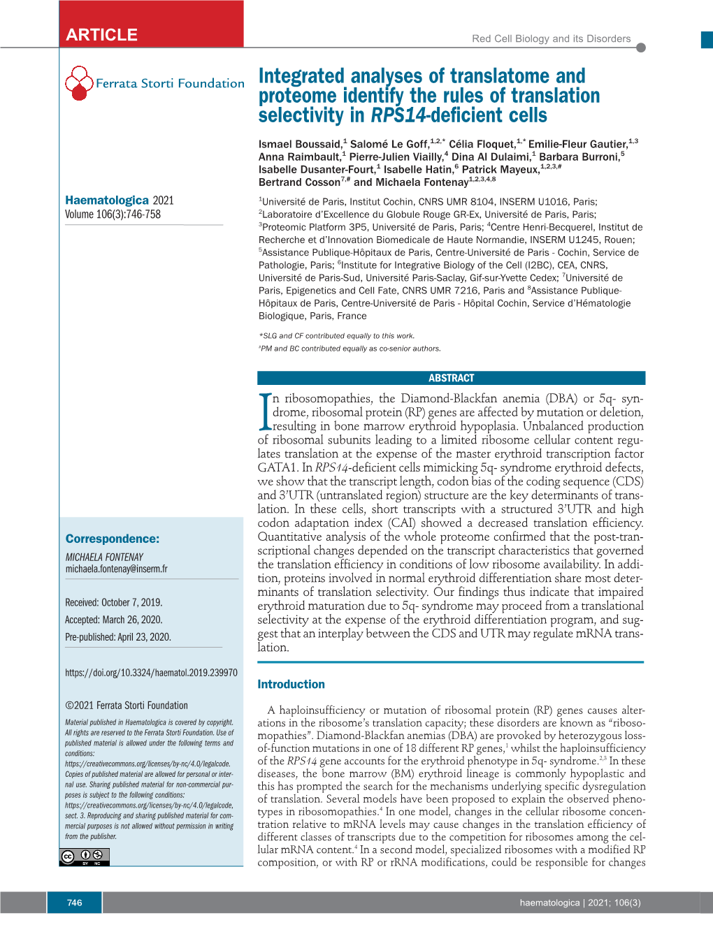 Integrated Analyses of Translatome and Proteome Identify the Rules of Translation Selectivity in RPS14-Deficient Cells