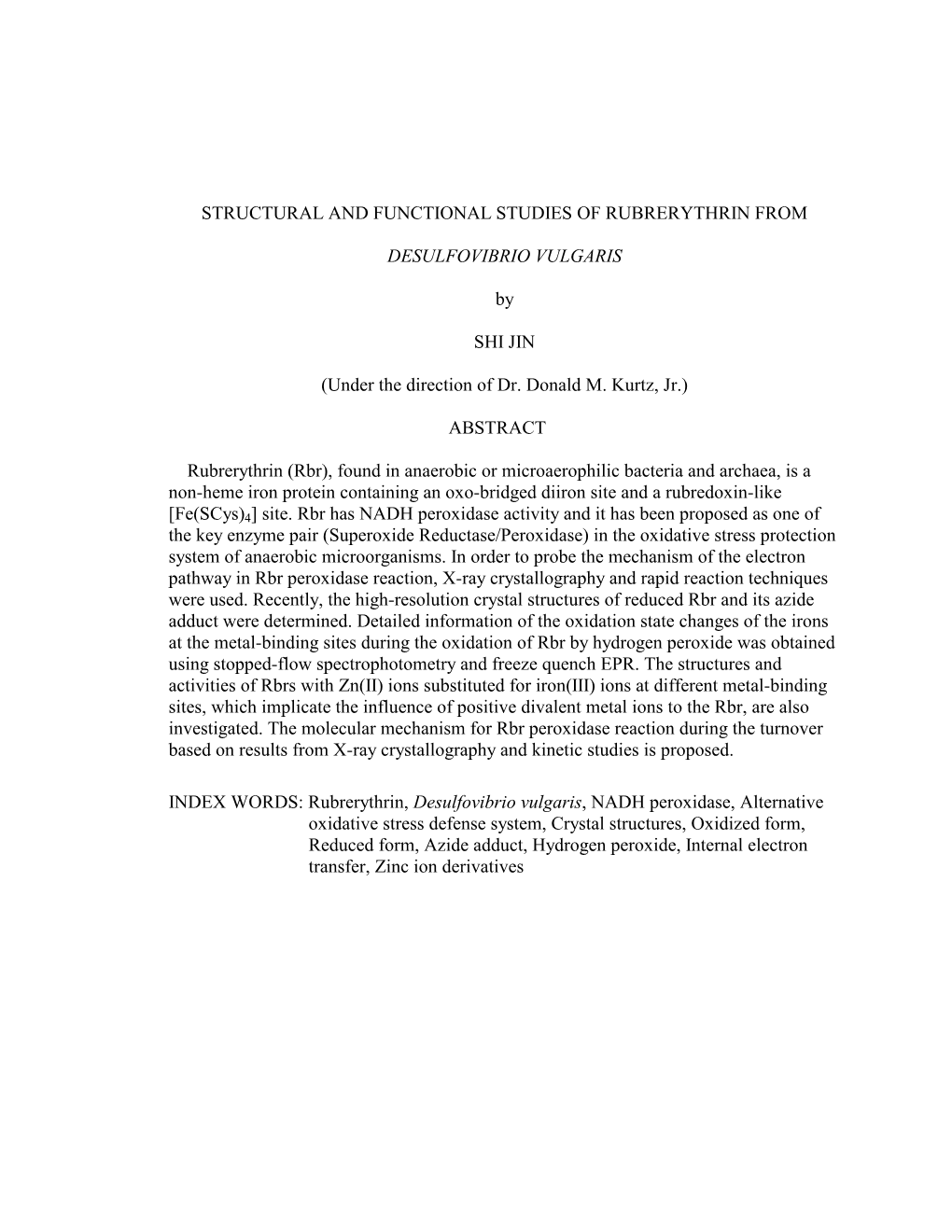 Structural and Functional Studies of Rubrerythrin From