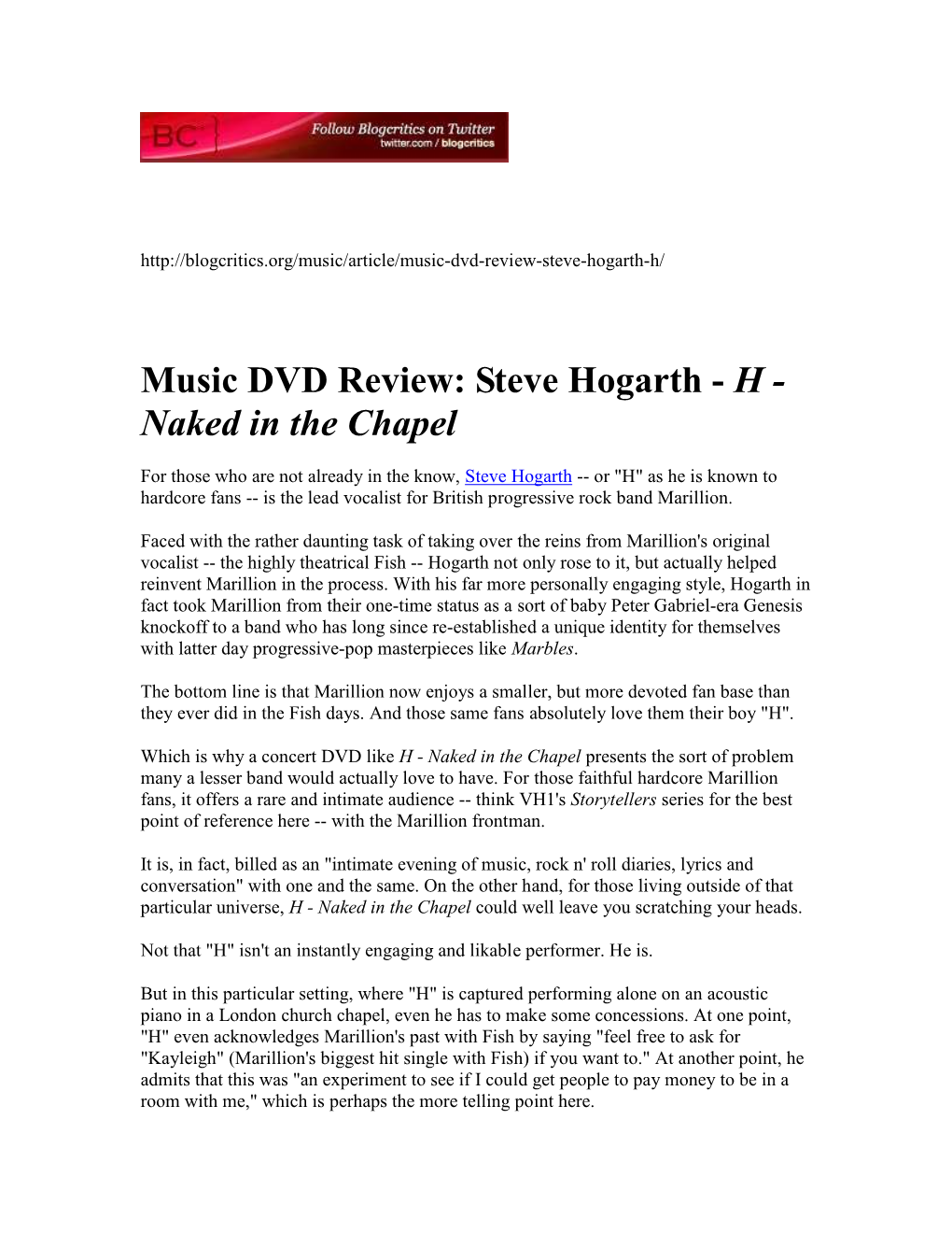 Music DVD Review: Steve Hogarth - H - Naked in the Chapel