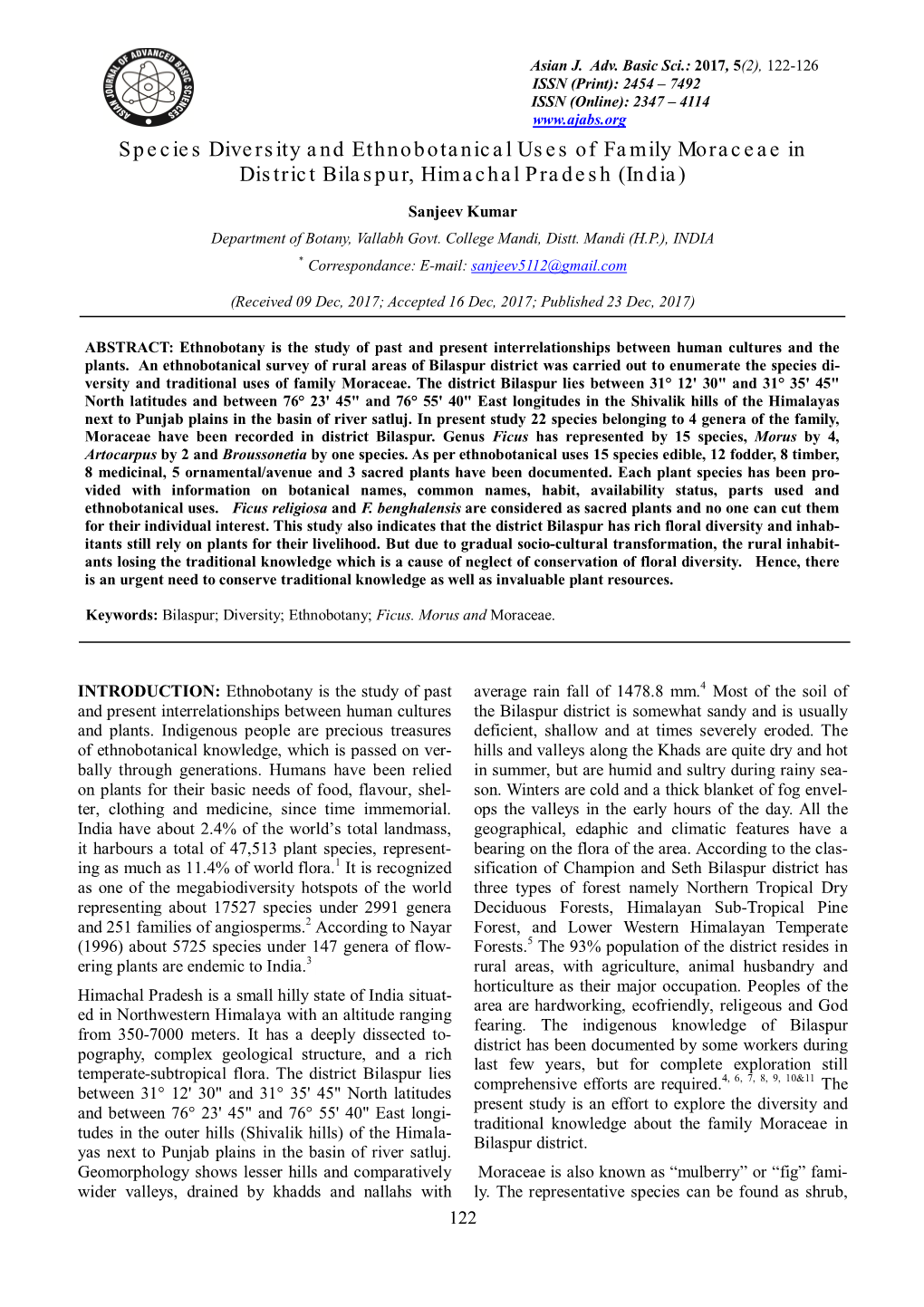 Species Diversity and Ethnobotanical Uses of Family Moraceae in District Bilaspur, Himachal Pradesh (India)