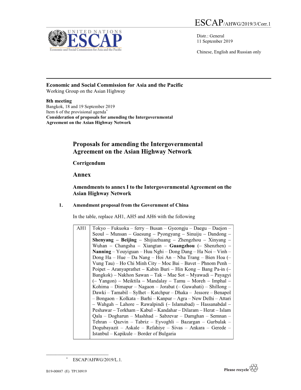 Proposals for Amending the Intergovernmental Agreement on the Asian Highway Network