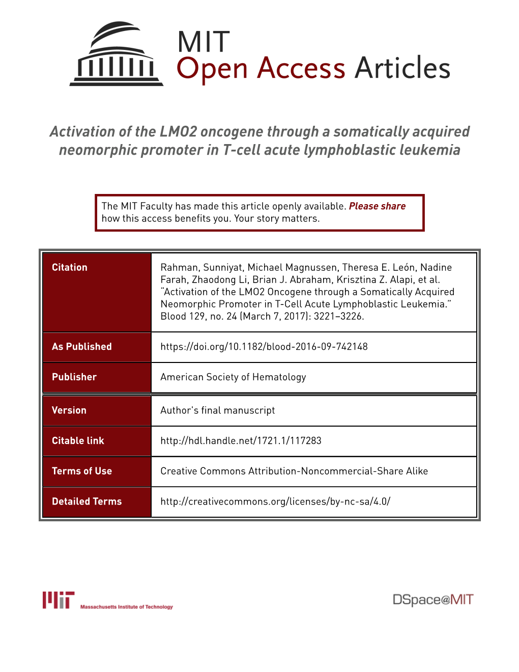 Rahman Et Al 2017 Somatically Acquired Activation of LMO2 in T-ALL