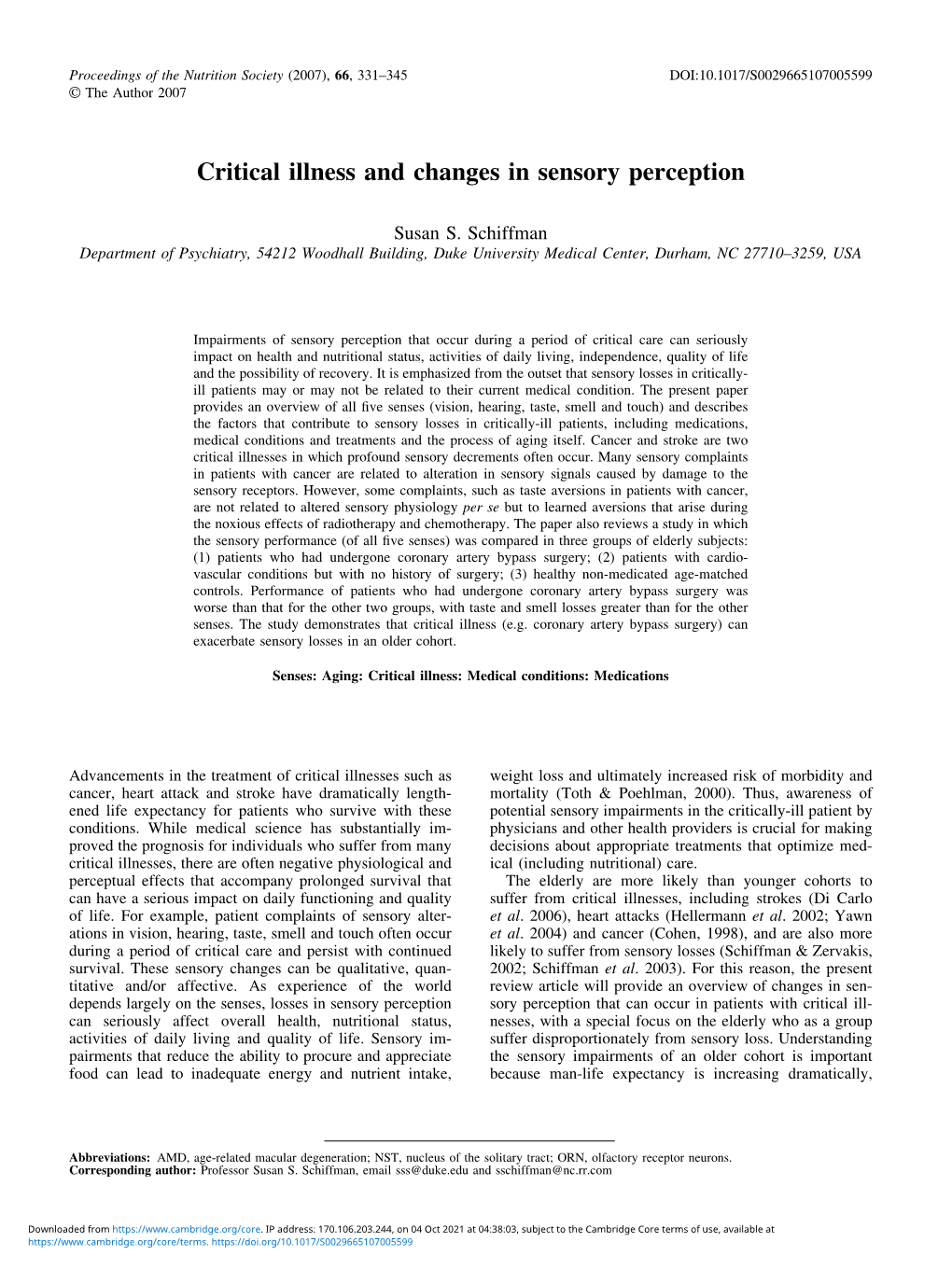 Critical Illness and Changes in Sensory Perception