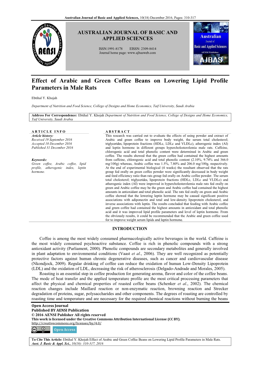Effect of Arabic and Green Coffee Beans on Lowering Lipid Profile Parameters in Male Rats