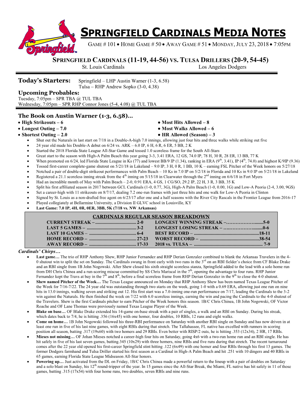 Springfield Cardinals Media Notes Game # 101  Home Game # 50  Away Game # 51  Monday, July 23, 2018  7:05Pm