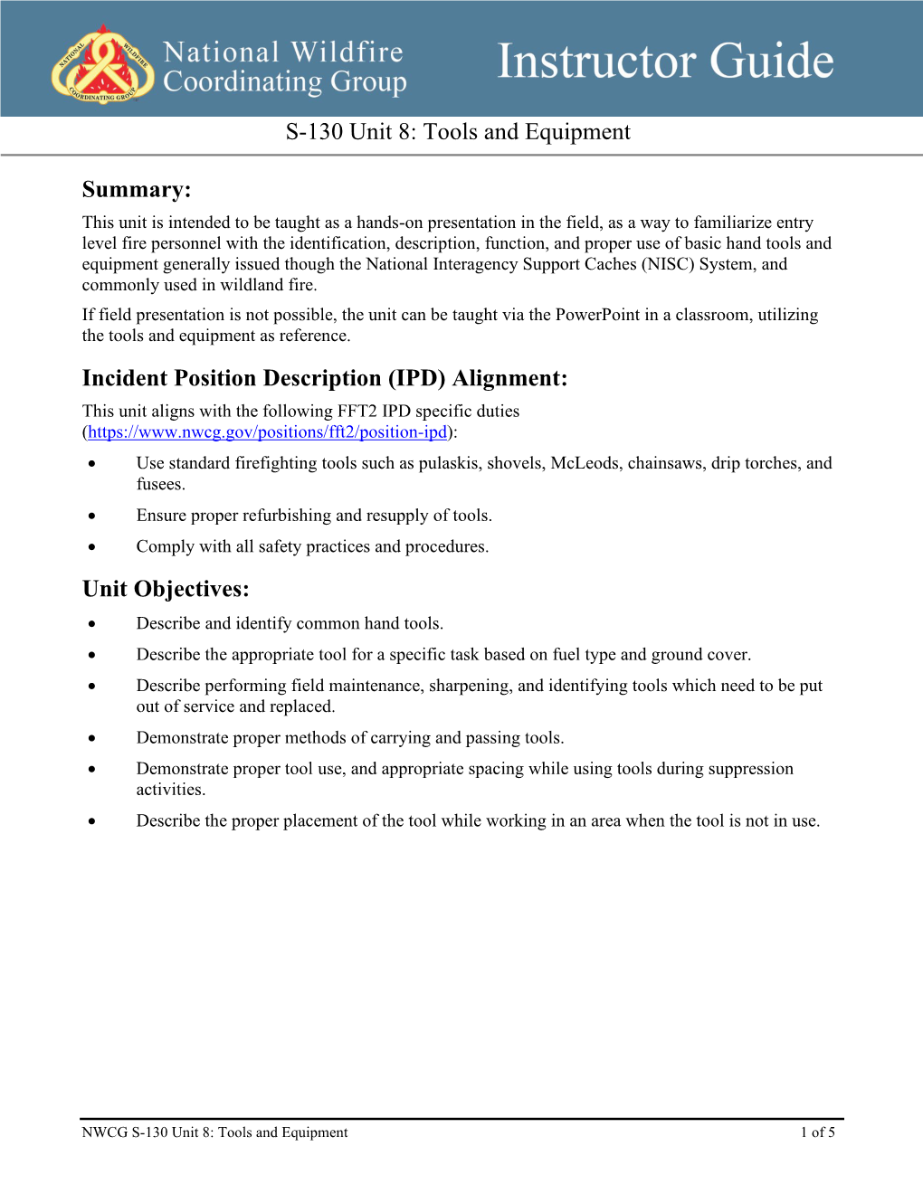 S-130 Unit 8: Tools and Equipment