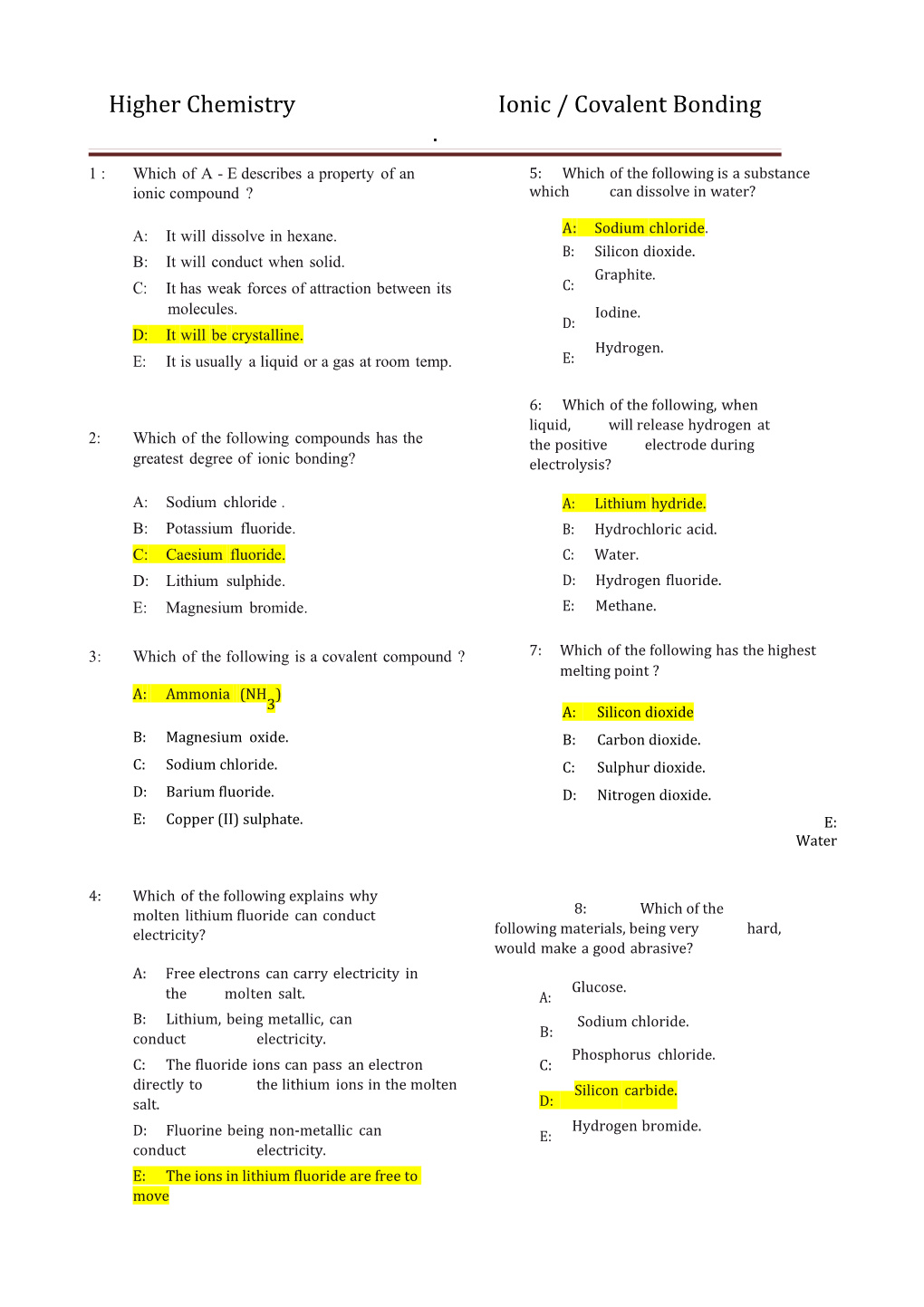 Higher Chemistry Ionic / Covalent Bonding