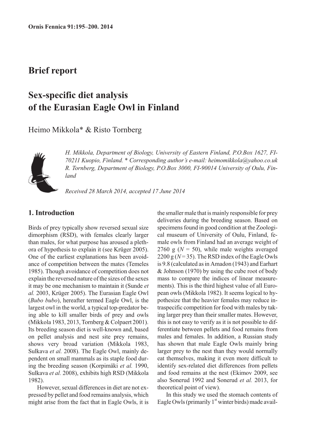 Brief Report Sex-Specific Diet Analysis of the Eurasian Eagle Owl in Finland