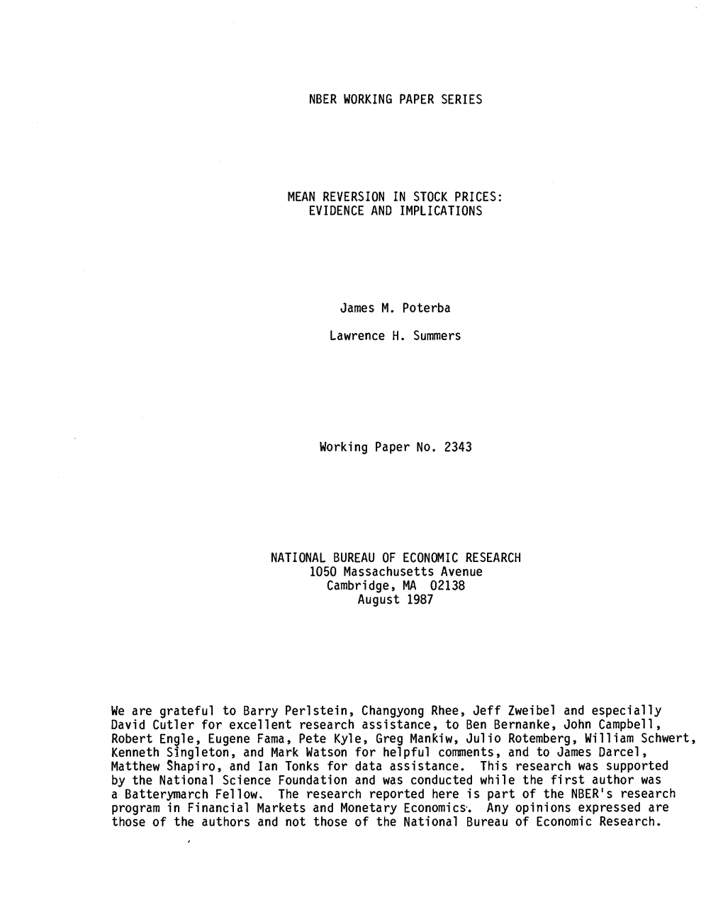 Nber Working Paper Series Mean Reversion in Stock Prices: Evidence