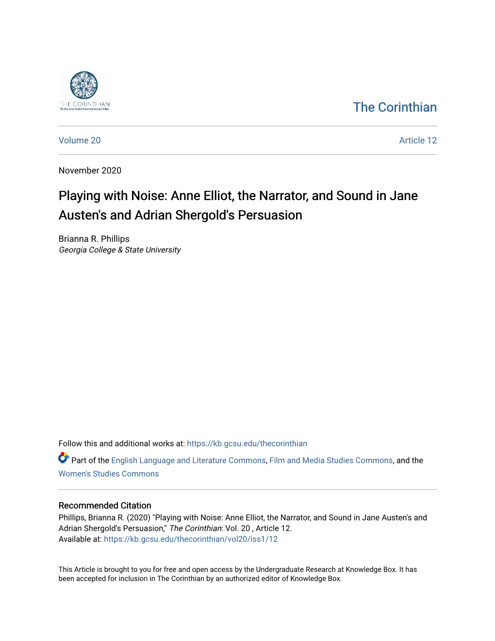 Anne Elliot, the Narrator, and Sound in Jane Austen's and Adrian Shergold's Persuasion