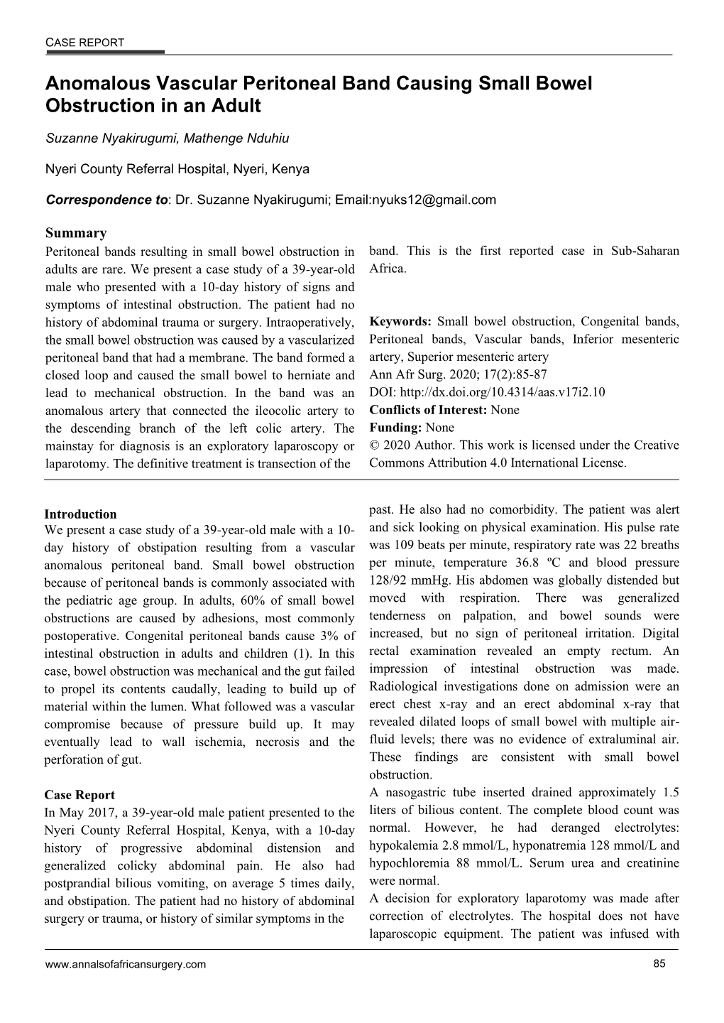 Anomalous Vascular Peritoneal Band Causing Small Bowel Obstruction in an Adult