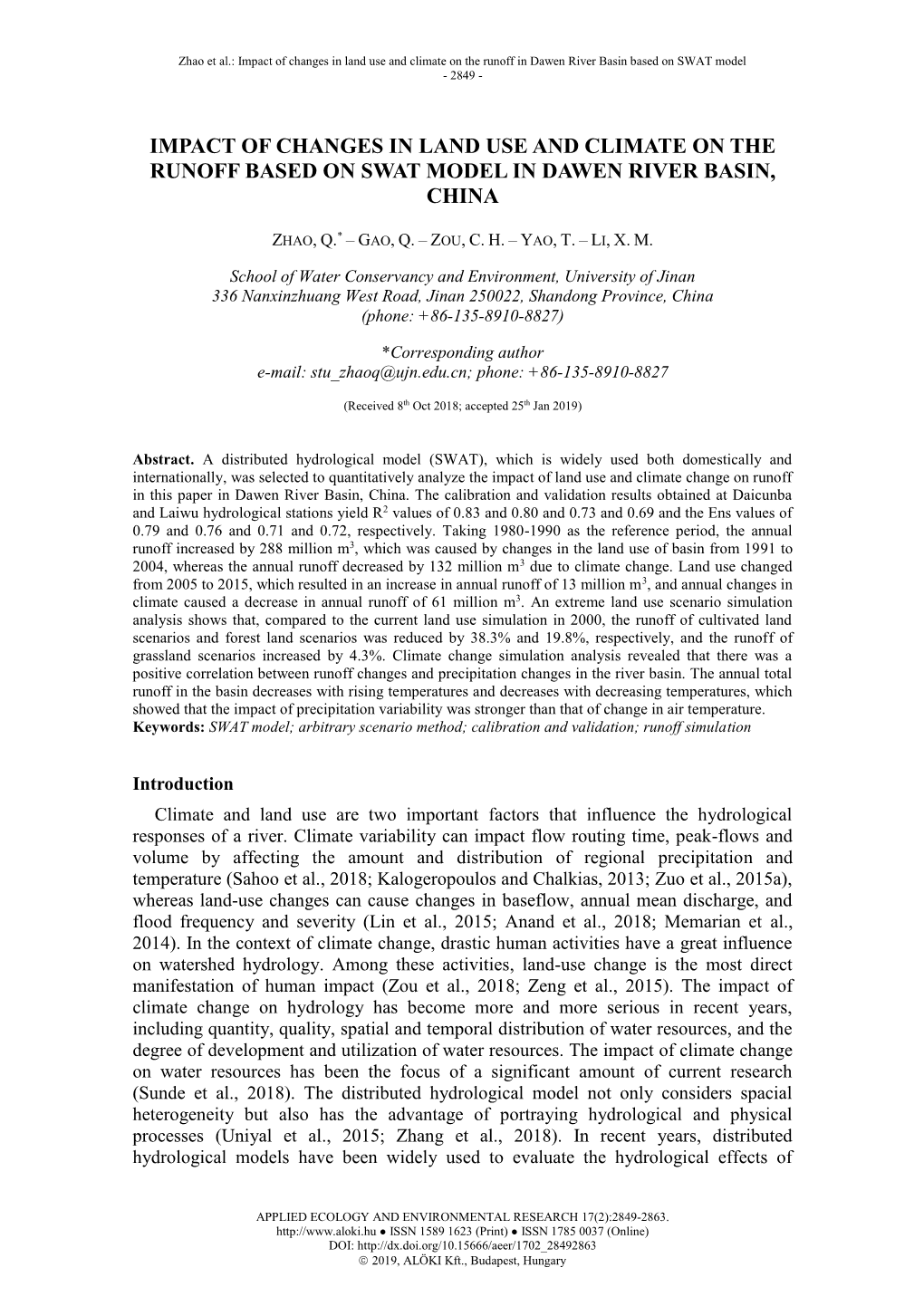 Impact of Changes in Land Use and Climate on the Runoff in Dawen River Basin Based on SWAT Model - 2849