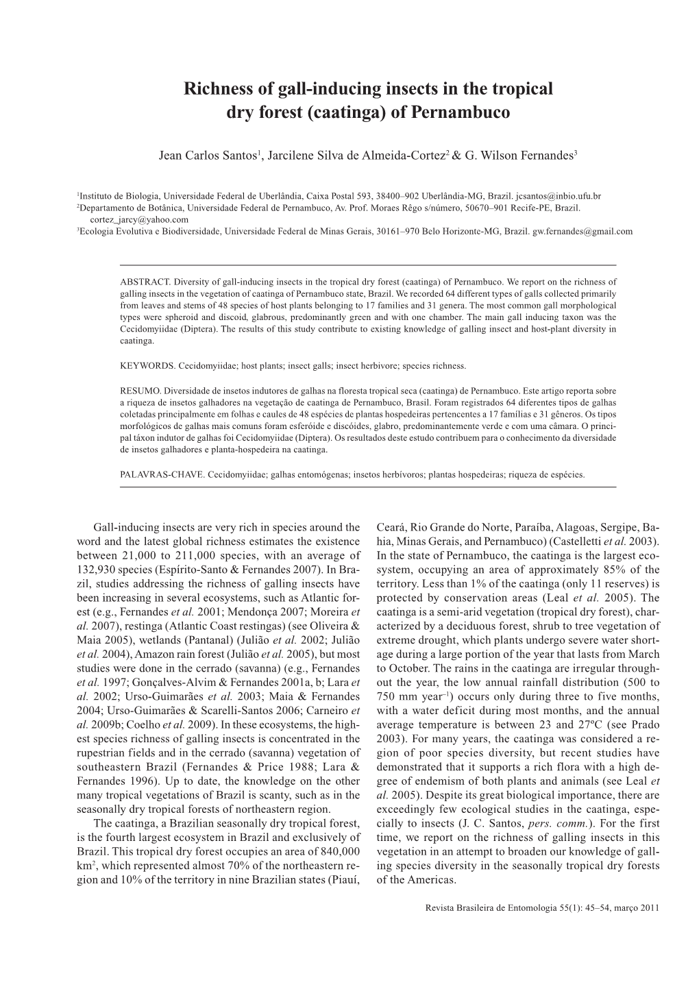 Richness of Gall-Inducing Insects in the Tropical Dry Forest (Caatinga) of Pernambuco