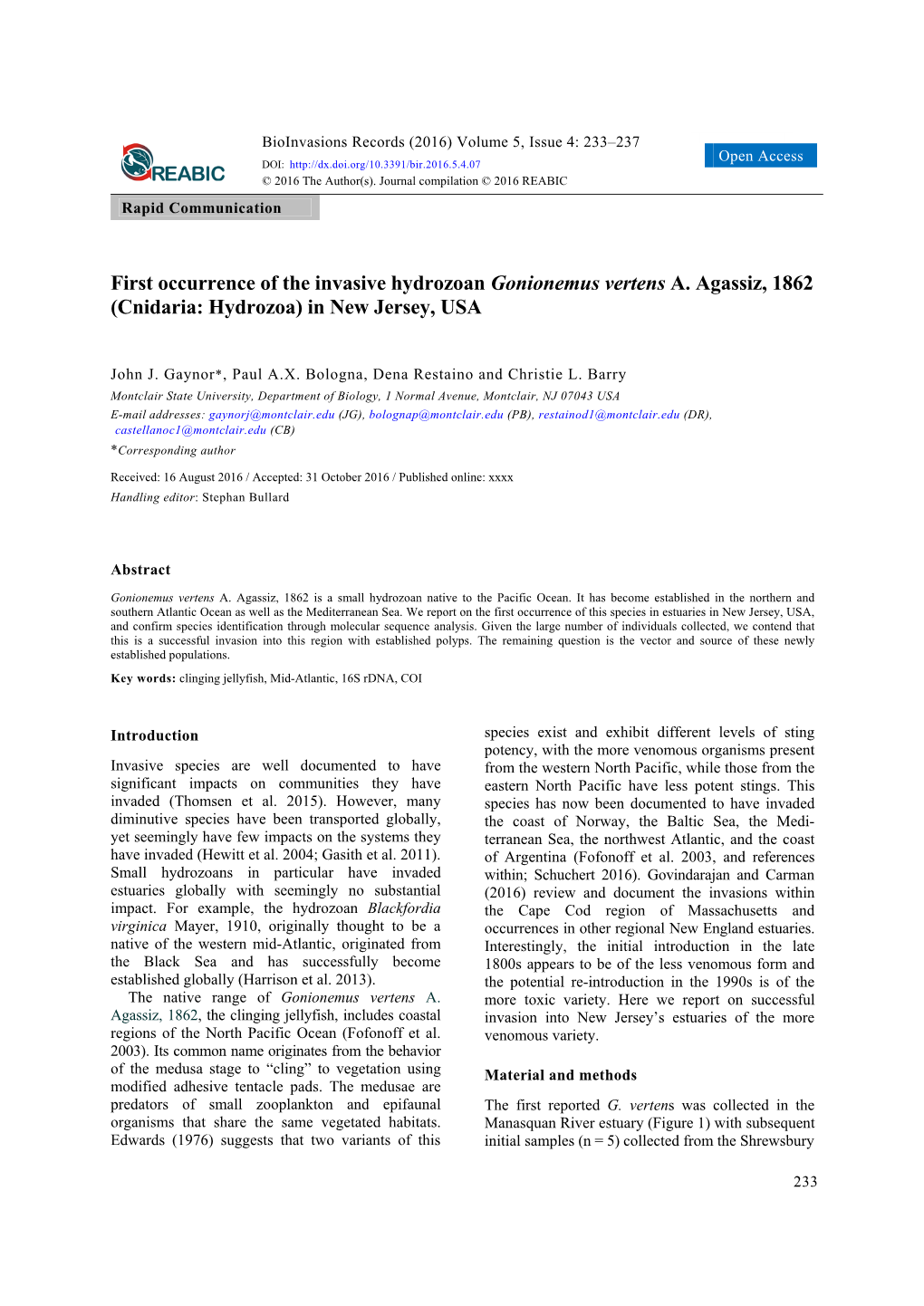 First Occurrence of the Invasive Hydrozoan Gonionemus Vertens A