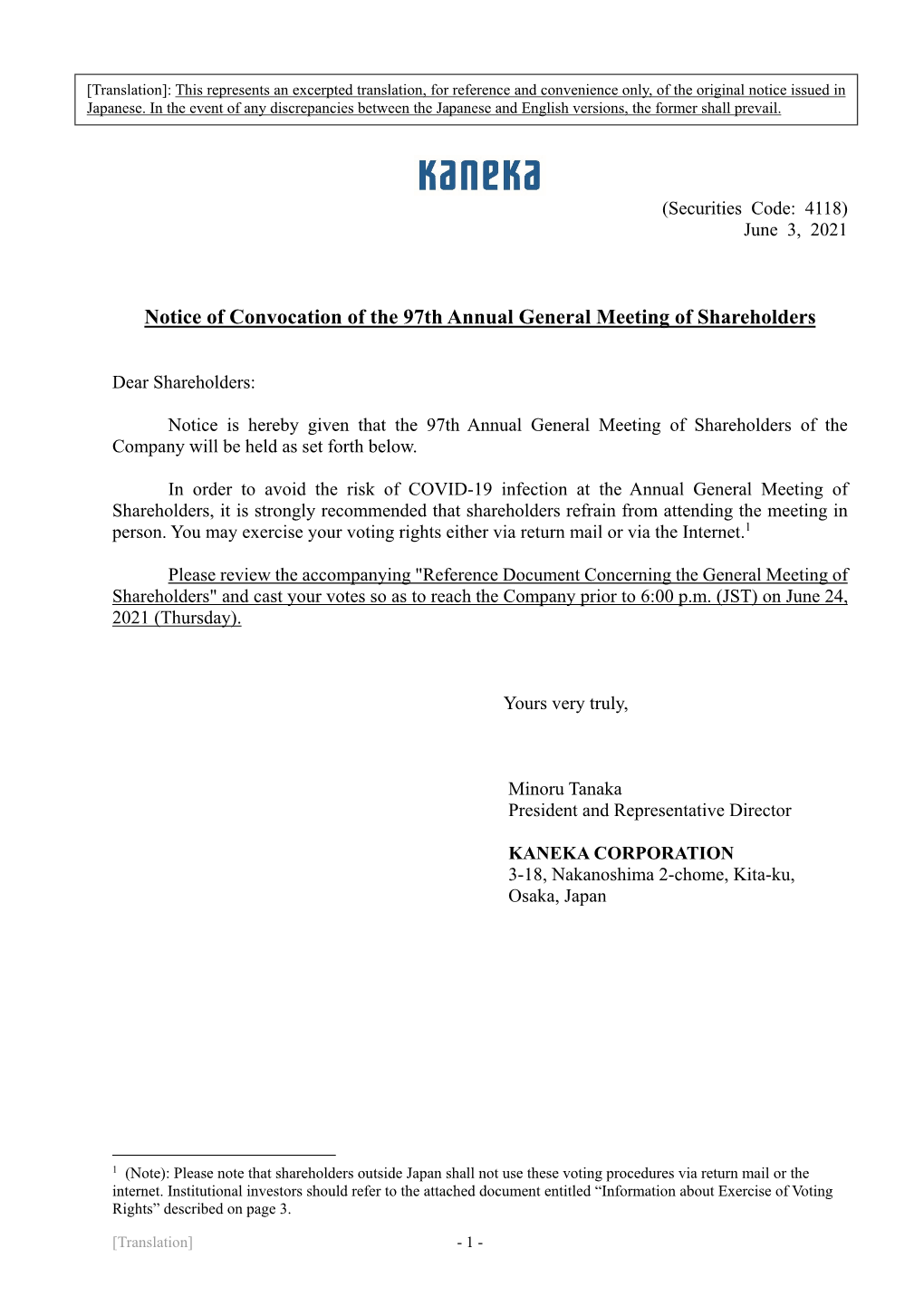 Notice of Convocation of the 97Th Annual General Meeting of Shareholders