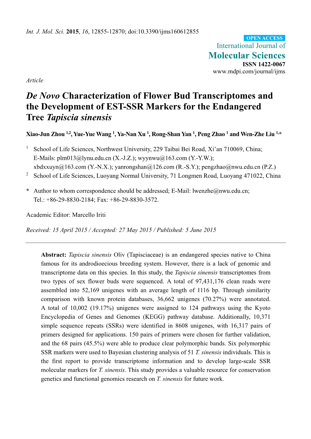 De Novo Characterization of Flower Bud Transcriptomes and the Development of EST-SSR Markers for the Endangered Tree Tapiscia Sinensis