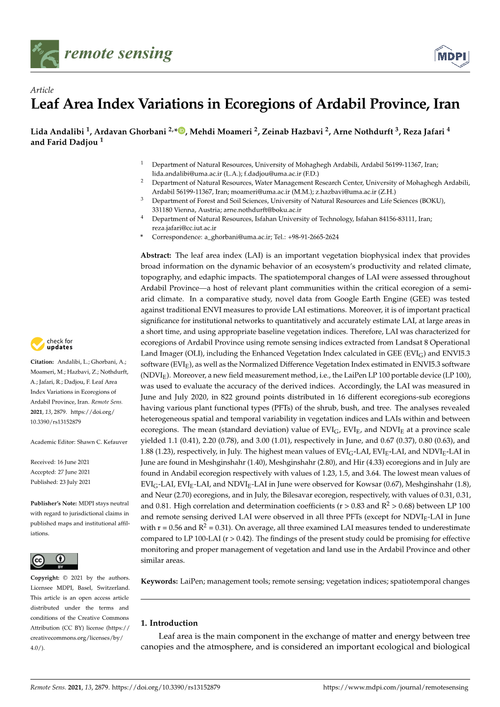 Leaf Area Index Variations in Ecoregions of Ardabil Province, Iran