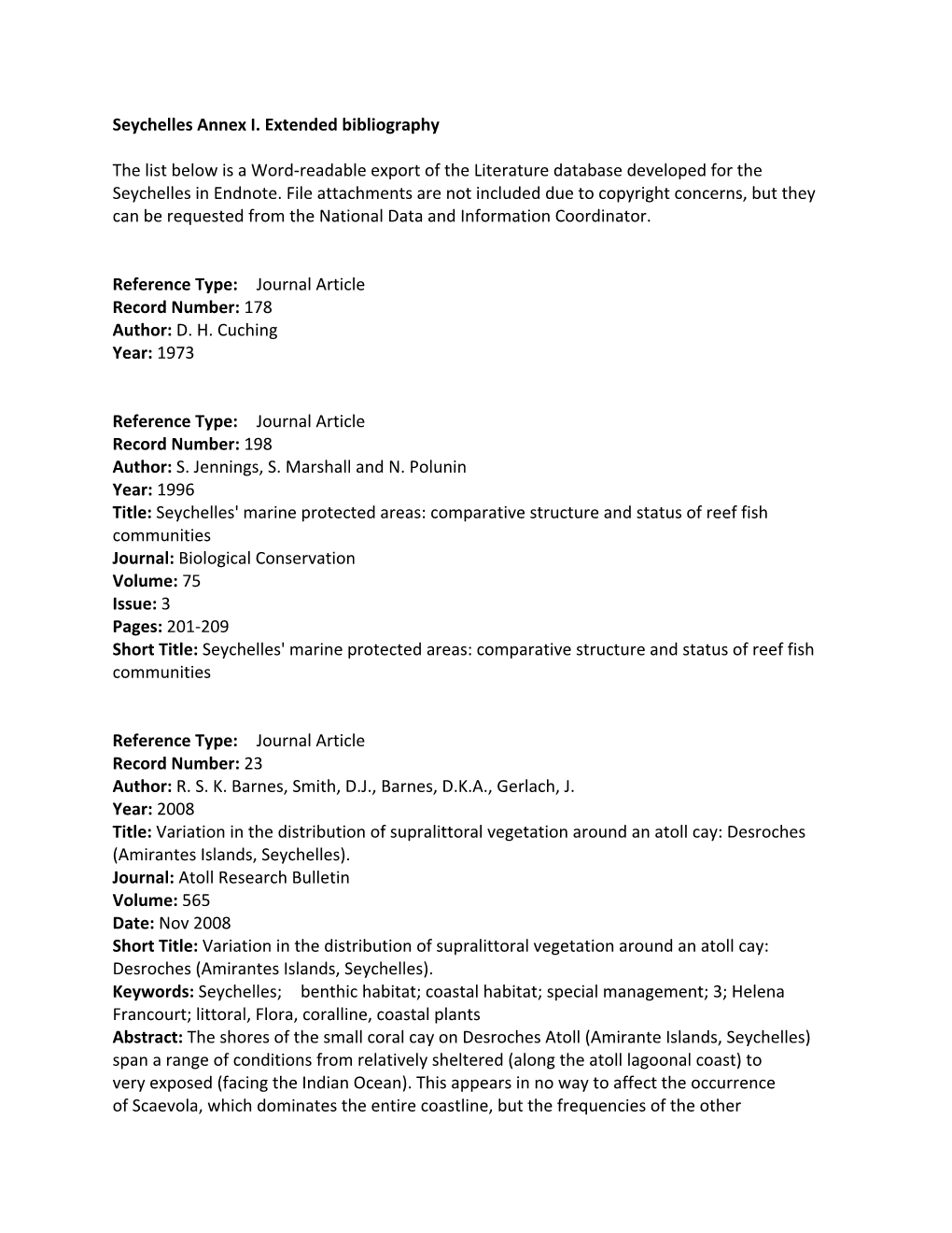 Seychelles Annex I. Extended Bibliography