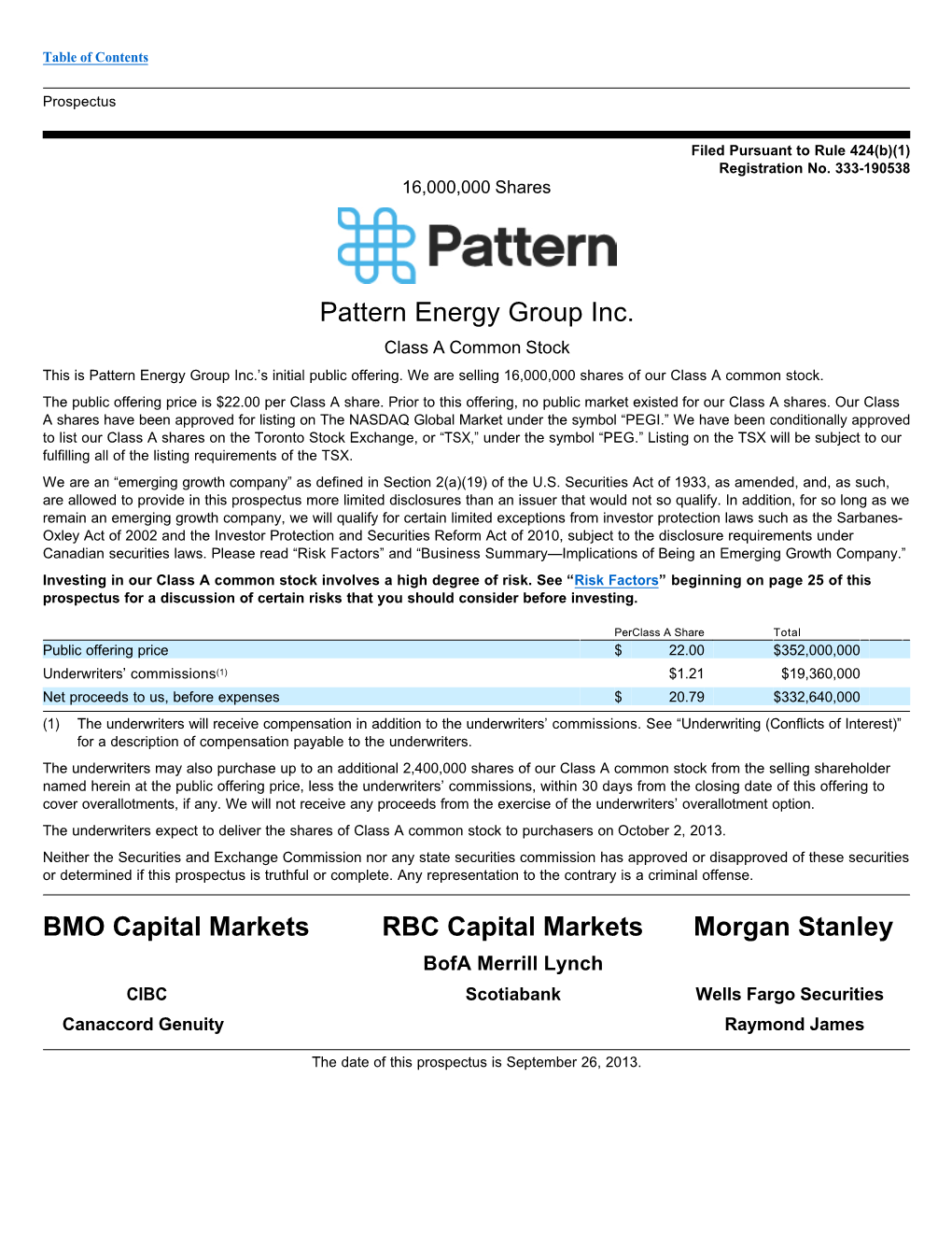Pattern Energy Group Inc. BMO Capital Markets RBC Capital