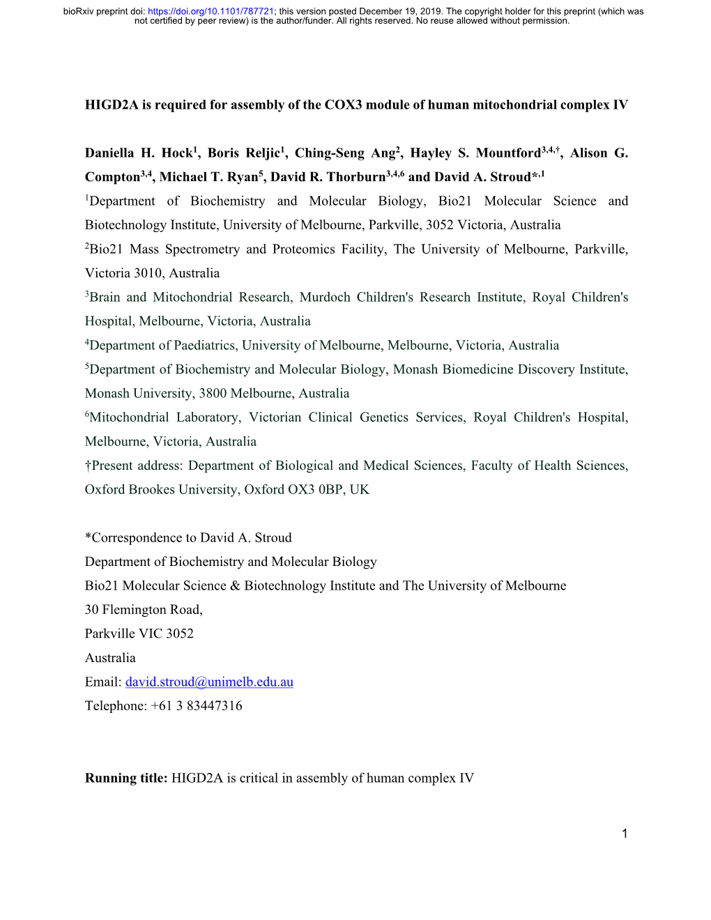 HIGD2A Is Required for Assembly of the COX3 Module of Human Mitochondrial Complex IV