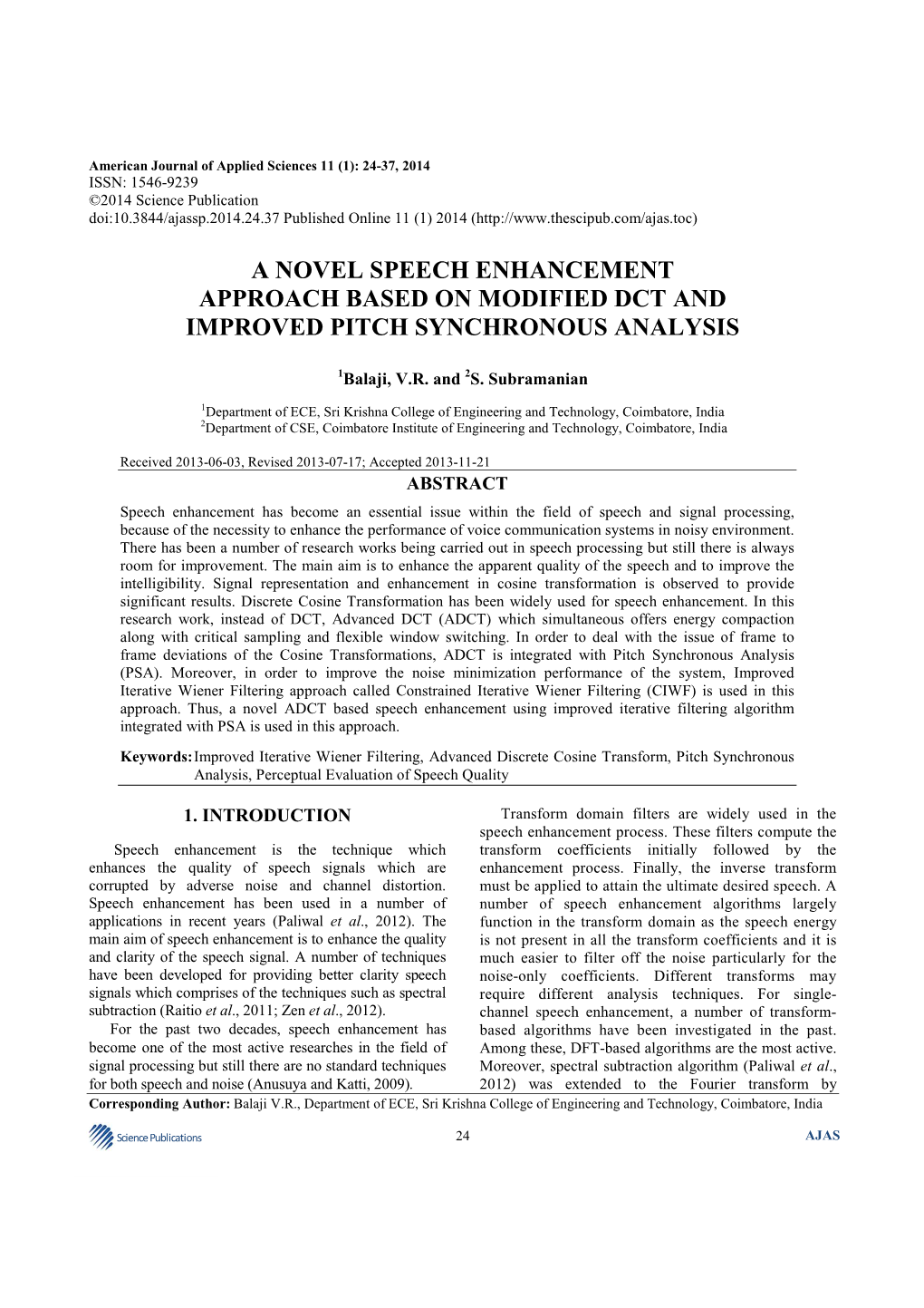 A Novel Speech Enhancement Approach Based on Modified Dct and Improved Pitch Synchronous Analysis