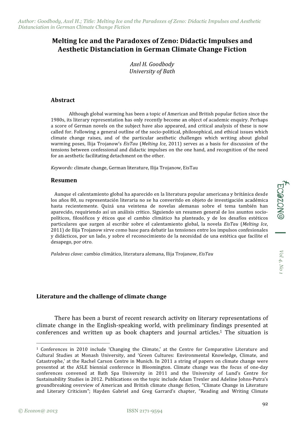 Melting Ice and the Paradoxes of Zeno: Didactic Impulses and Aesthetic Distanciation in German Climate Change Fiction