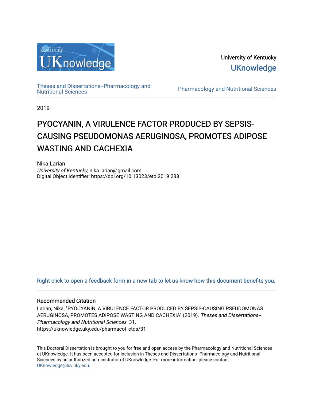 Pyocyanin, a Virulence Factor Produced by Sepsis- Causing Pseudomonas Aeruginosa, Promotes Adipose Wasting and Cachexia
