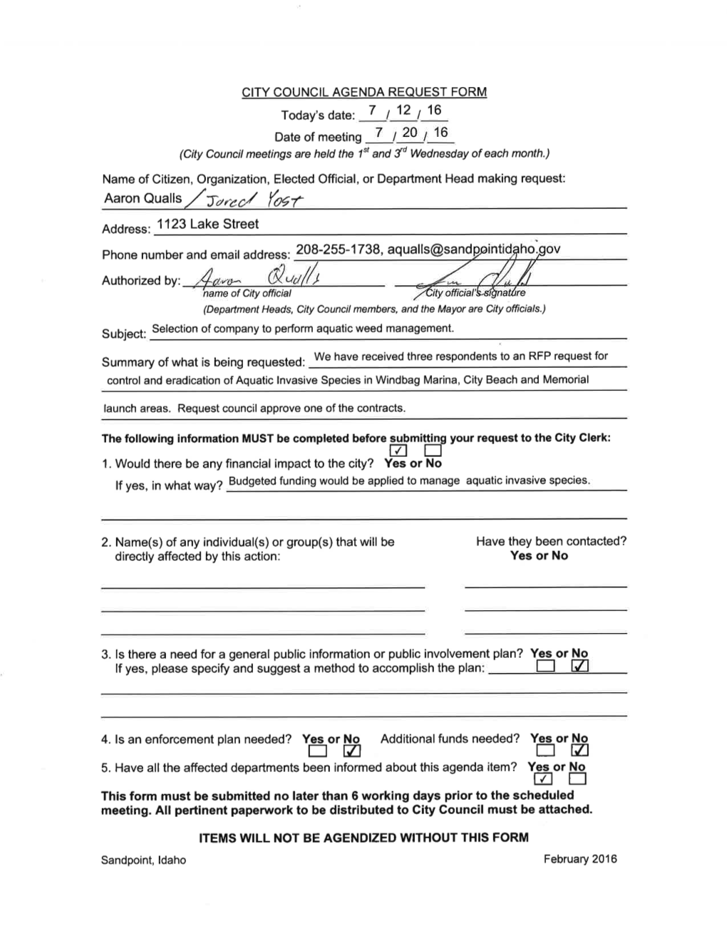 J. Aquatic Invasive Species Control Contract