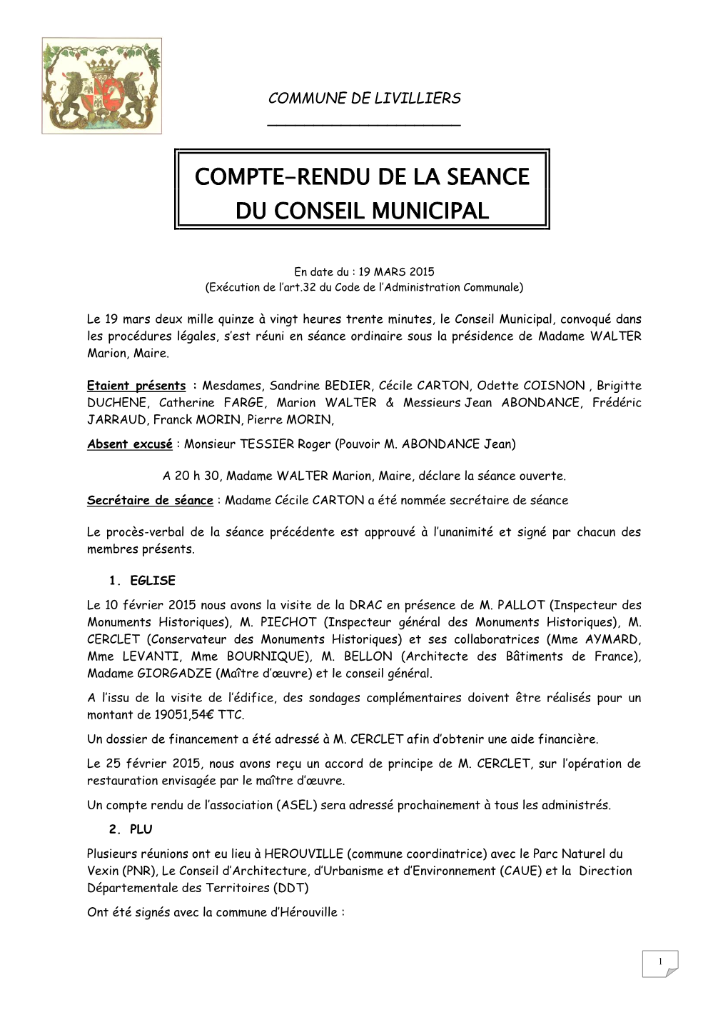 Compte Rendu Du Conseil Municipal Du 19 Mars 2015