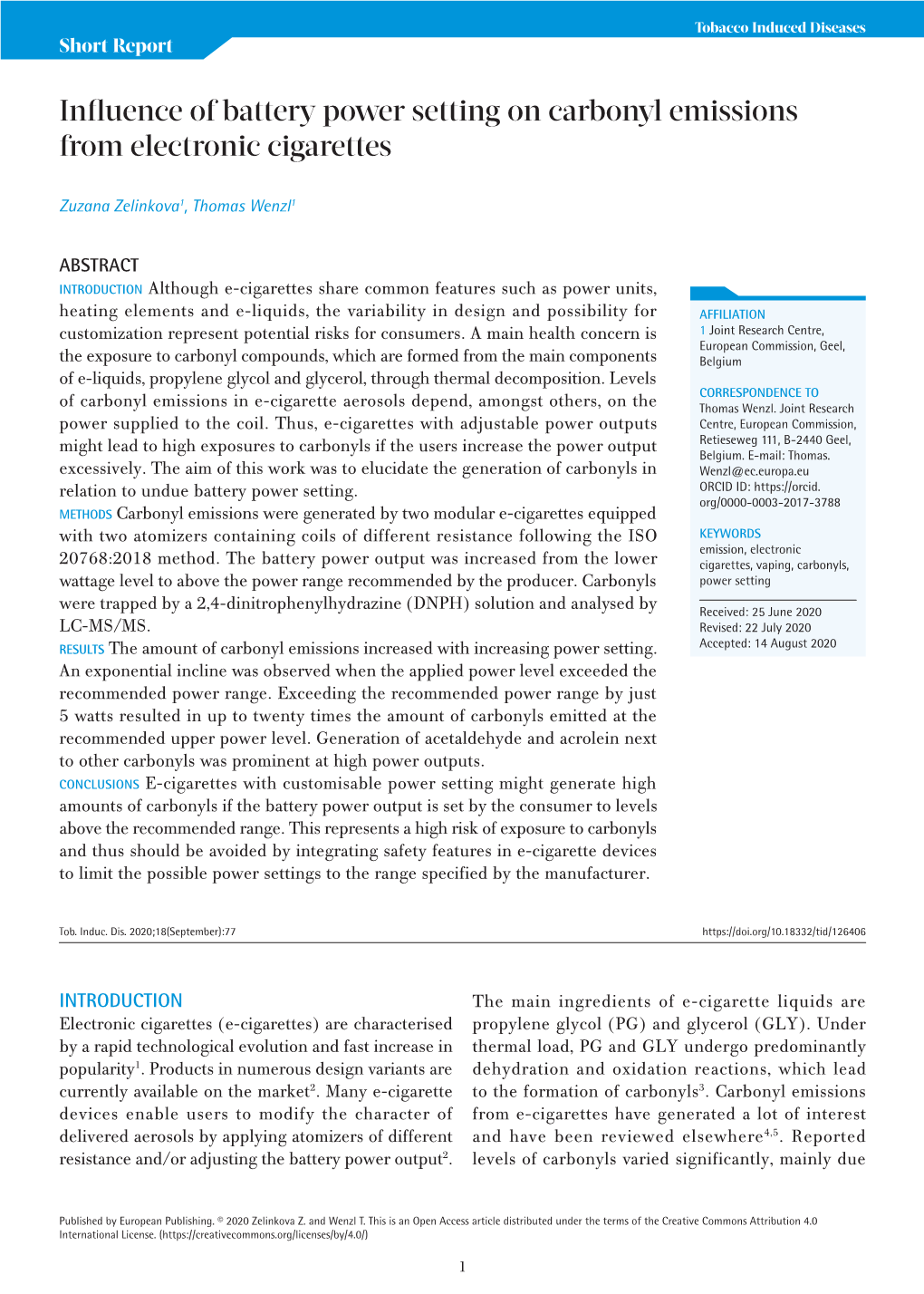 Influence of Battery Power Setting on Carbonyl Emissions from Electronic Cigarettes