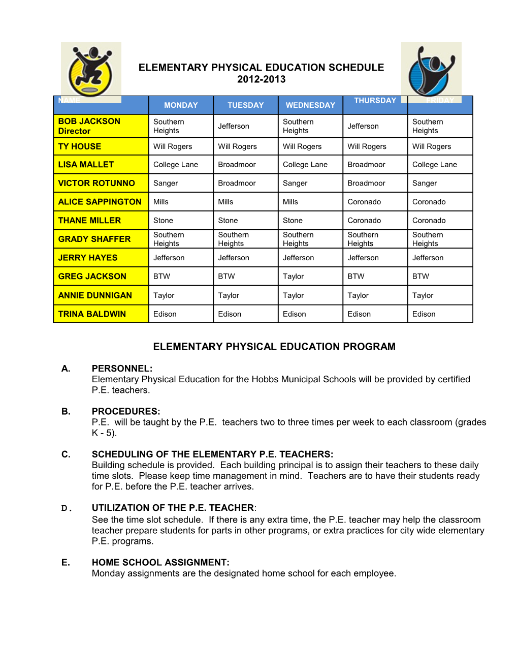 Elementary Physical Education Schedule