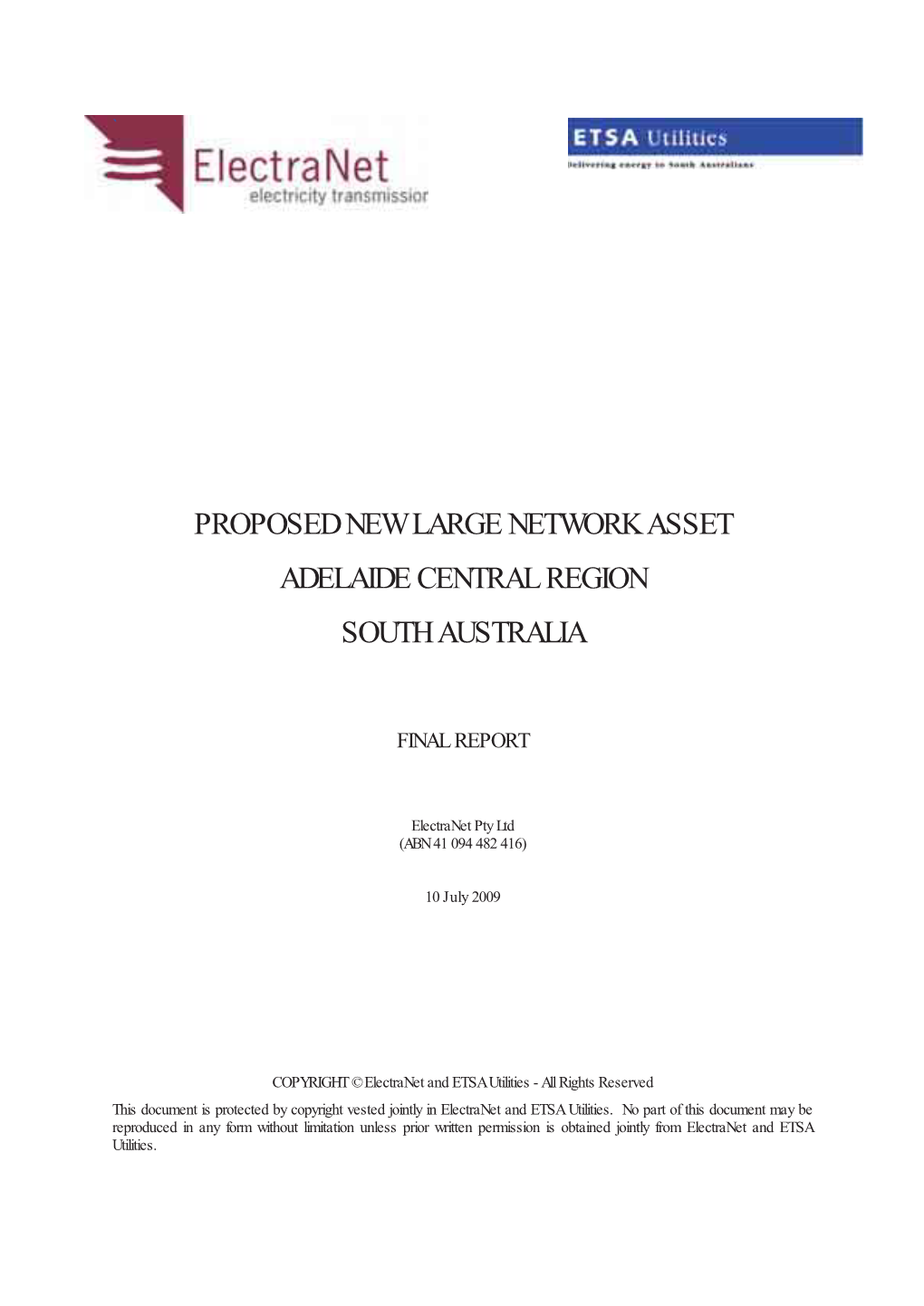 Proposed New Large Network Asset Adelaide Central Region South Australia