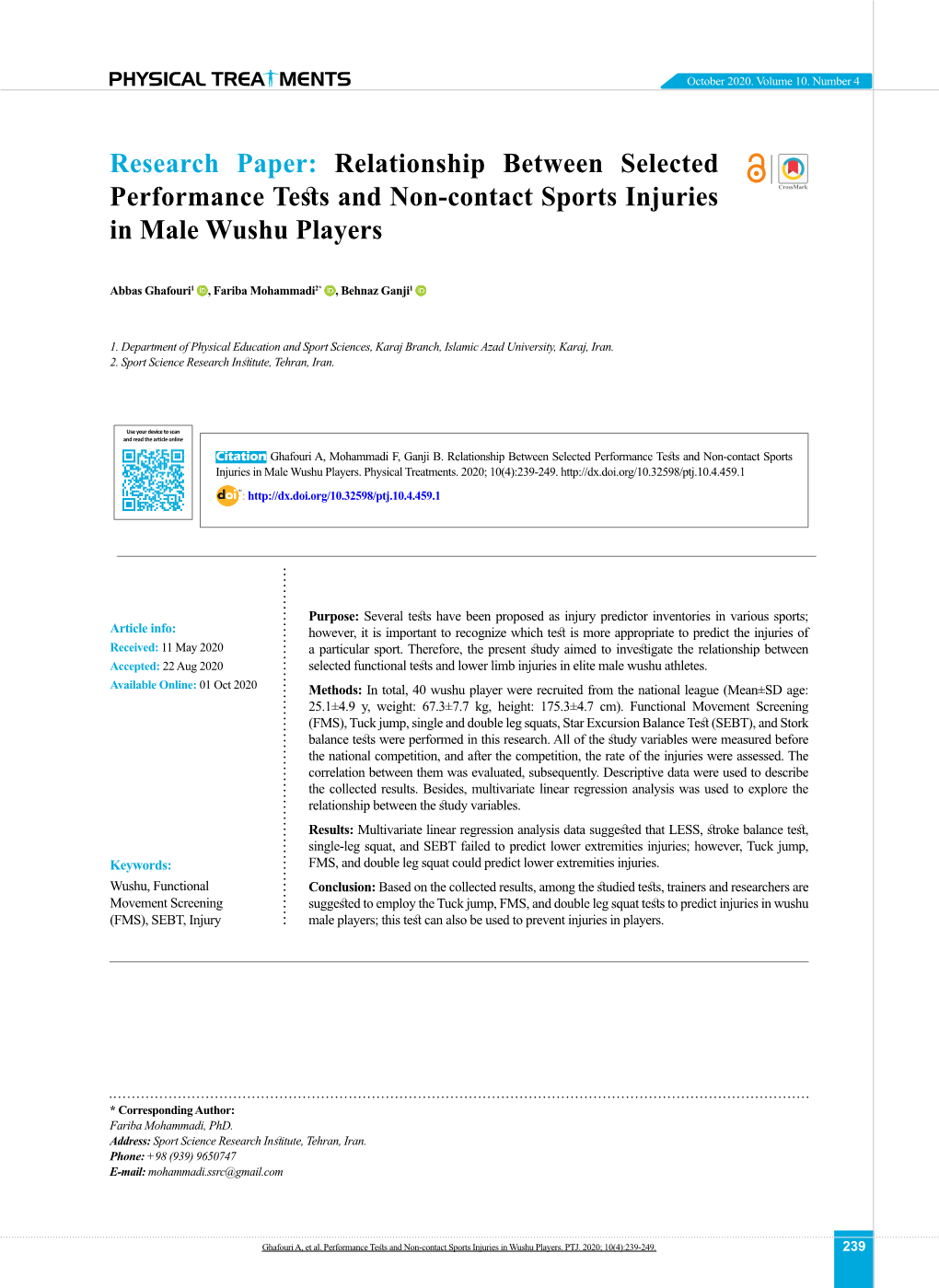 Relationship Between Selected Performance Tests and Non-Contact Sports Injuries in Male Wushu Players