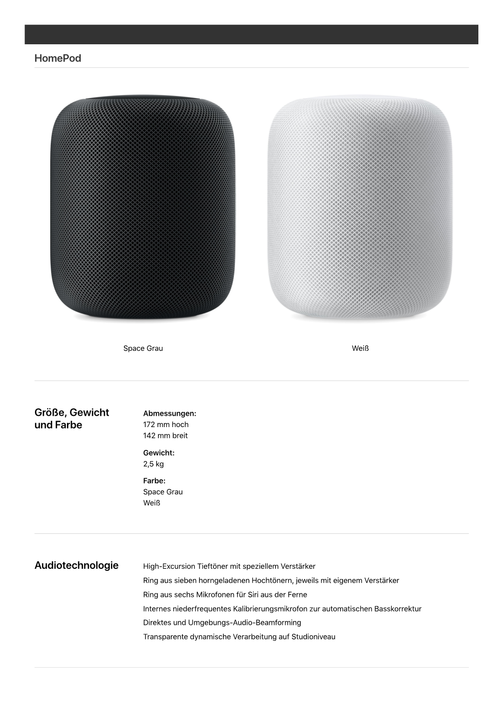 Größe, Gewicht Und Farbe Audiotechnologie Homepod