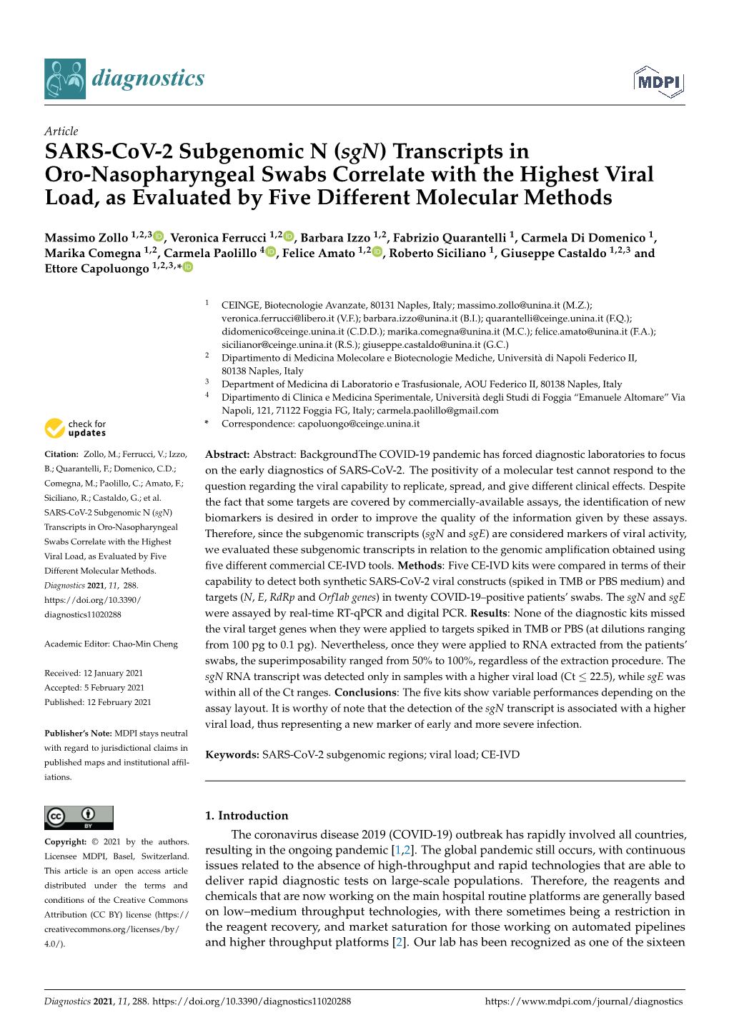 SARS-Cov-2 Subgenomic N (Sgn) Transcripts in Oro-Nasopharyngeal Swabs Correlate with the Highest Viral Load, As Evaluated by Five Different Molecular Methods