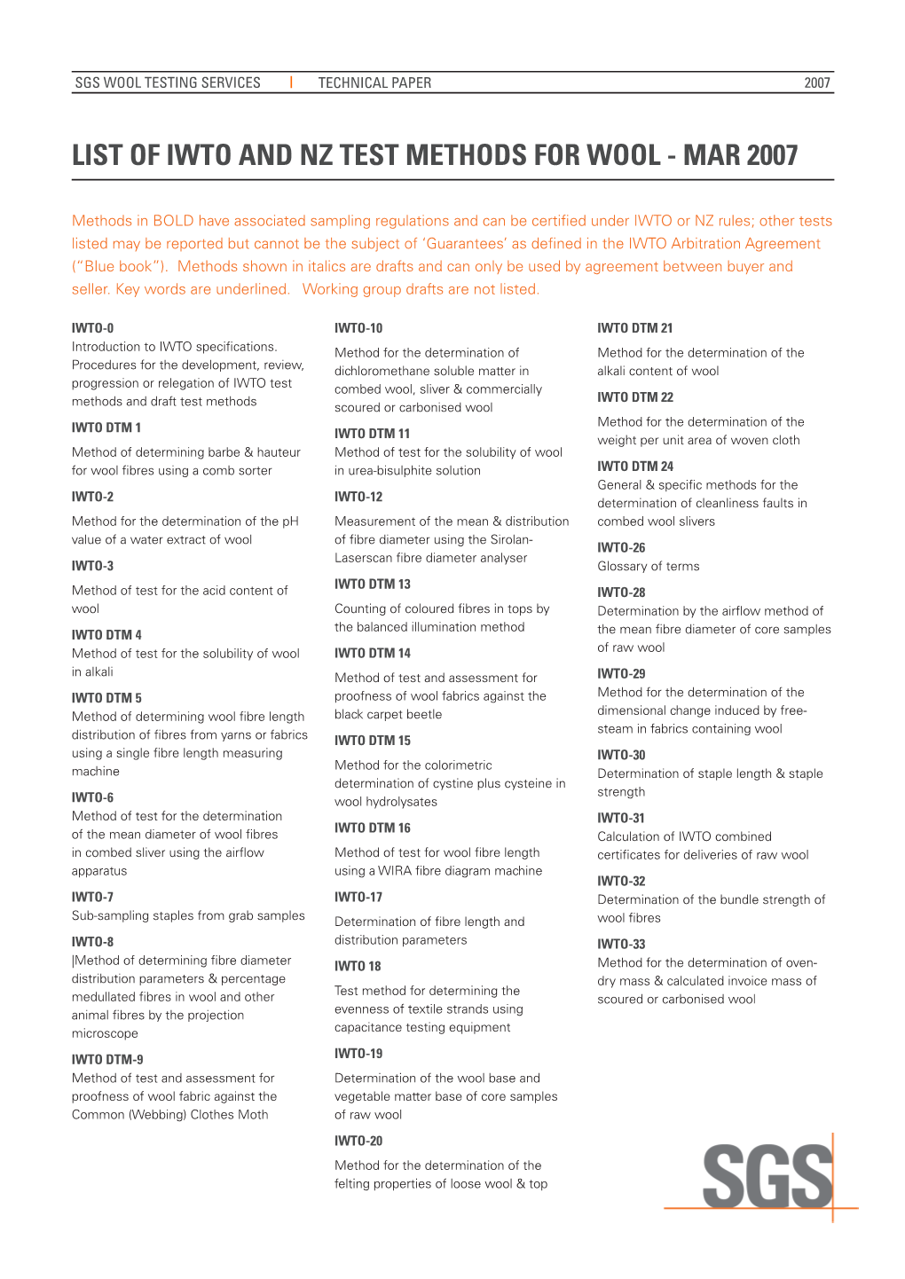 List of Iwto and Nz Test Methods for Wool - Mar 2007