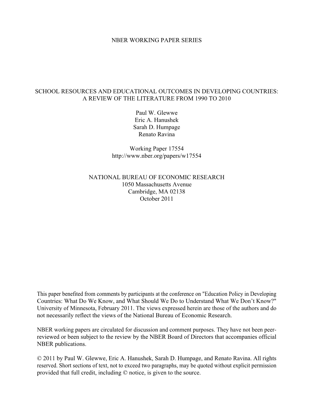 School Resources and Educational Outcomes in Developing Countries: a Review of the Literature from 1990 to 2010