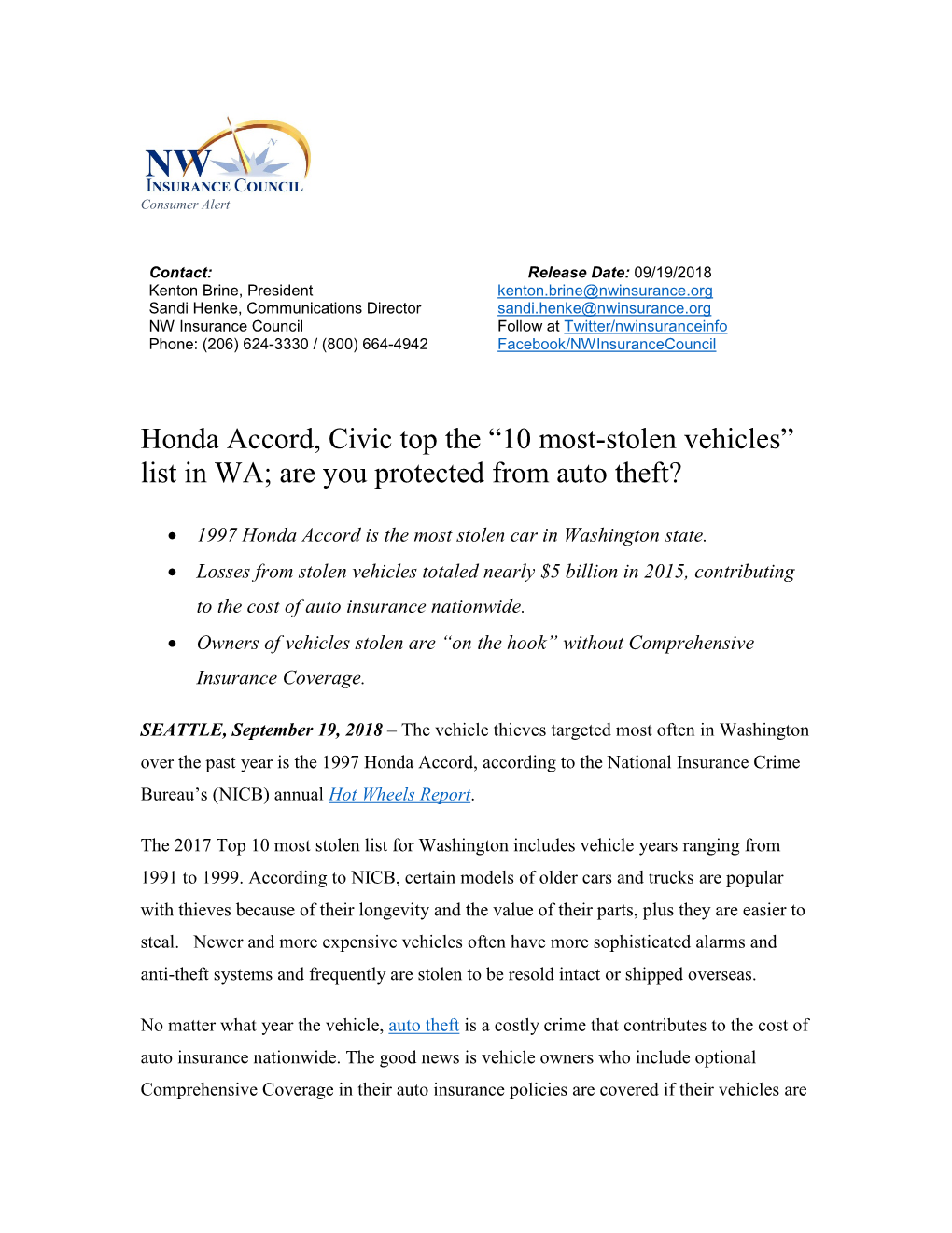 Honda Accord, Civic Top the “10 Most-Stolen Vehicles” List in WA; Are You Protected from Auto Theft?