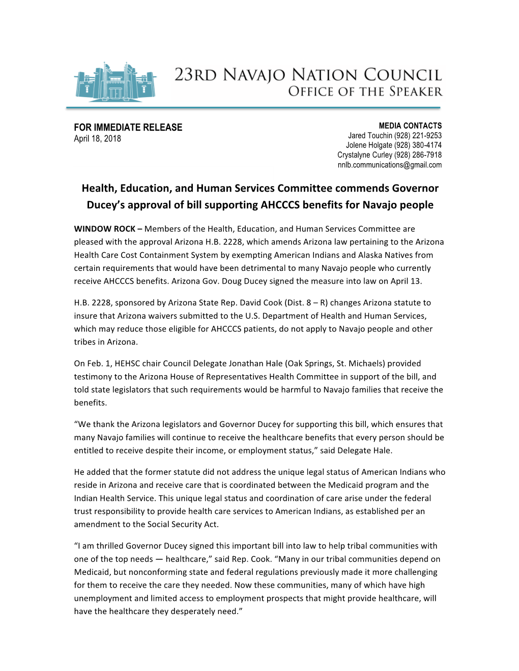 Health, Education, and Human Services Committee Commends Governor Ducey’S Approval of Bill Supporting AHCCCS Benefits for Navajo People
