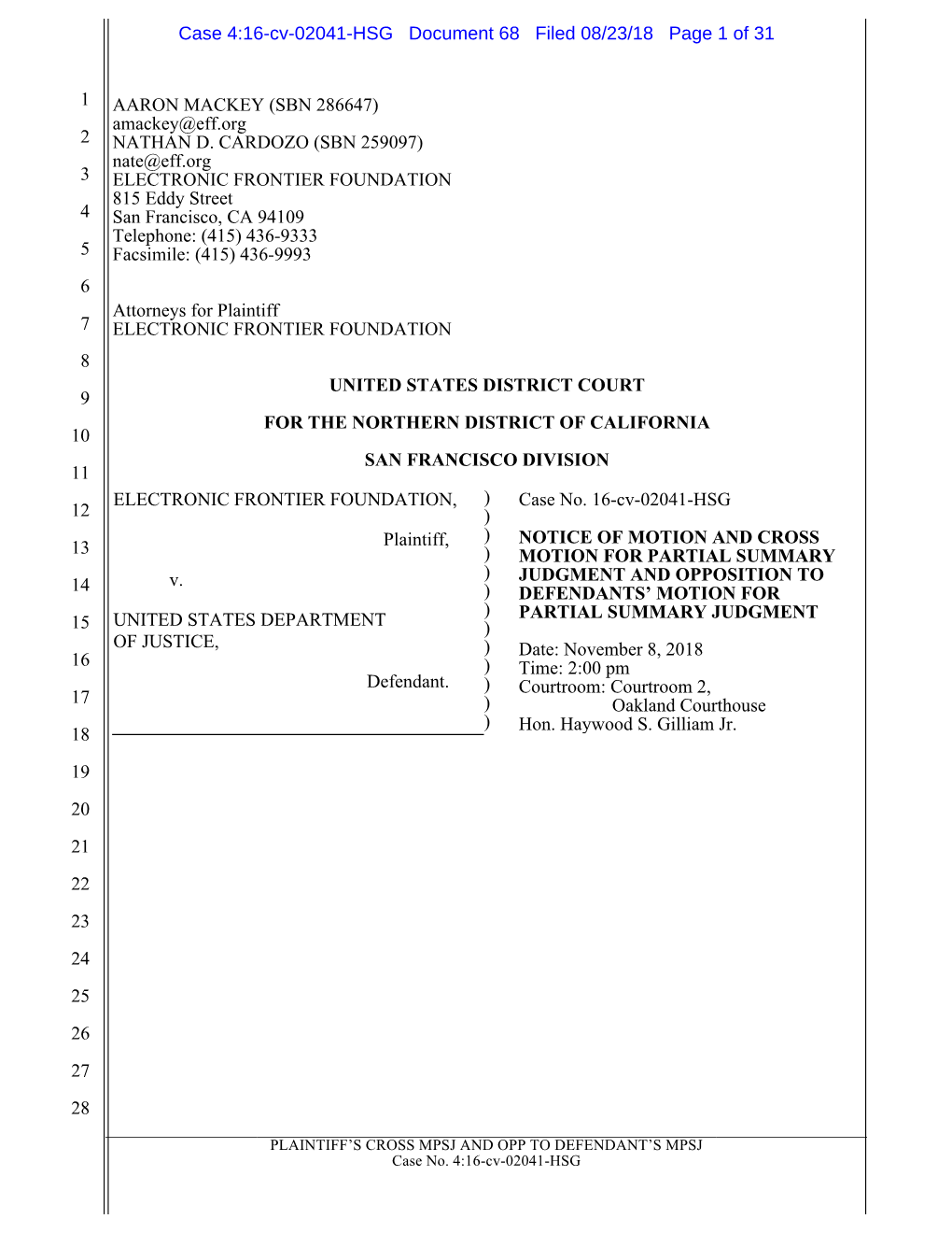 Case 4:16-Cv-02041-HSG Document 68 Filed 08/23/18 Page 1 of 31