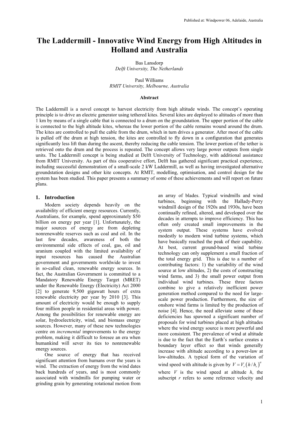 The Laddermill - Innovative Wind Energy from High Altitudes in Holland and Australia