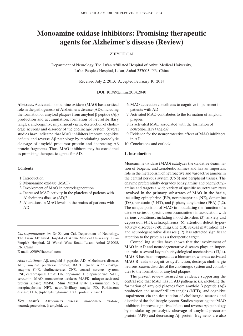 Monoamine Oxidase Inhibitors: Promising Therapeutic Agents for Alzheimer's Disease (Review)