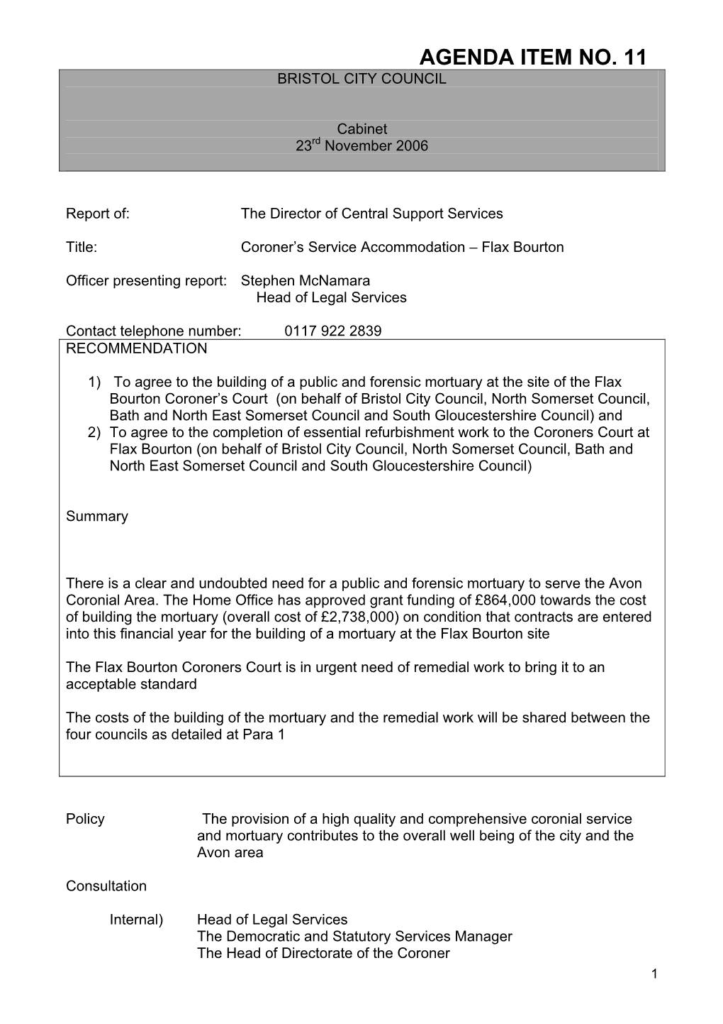 Agenda Item No. 11 Bristol City Council